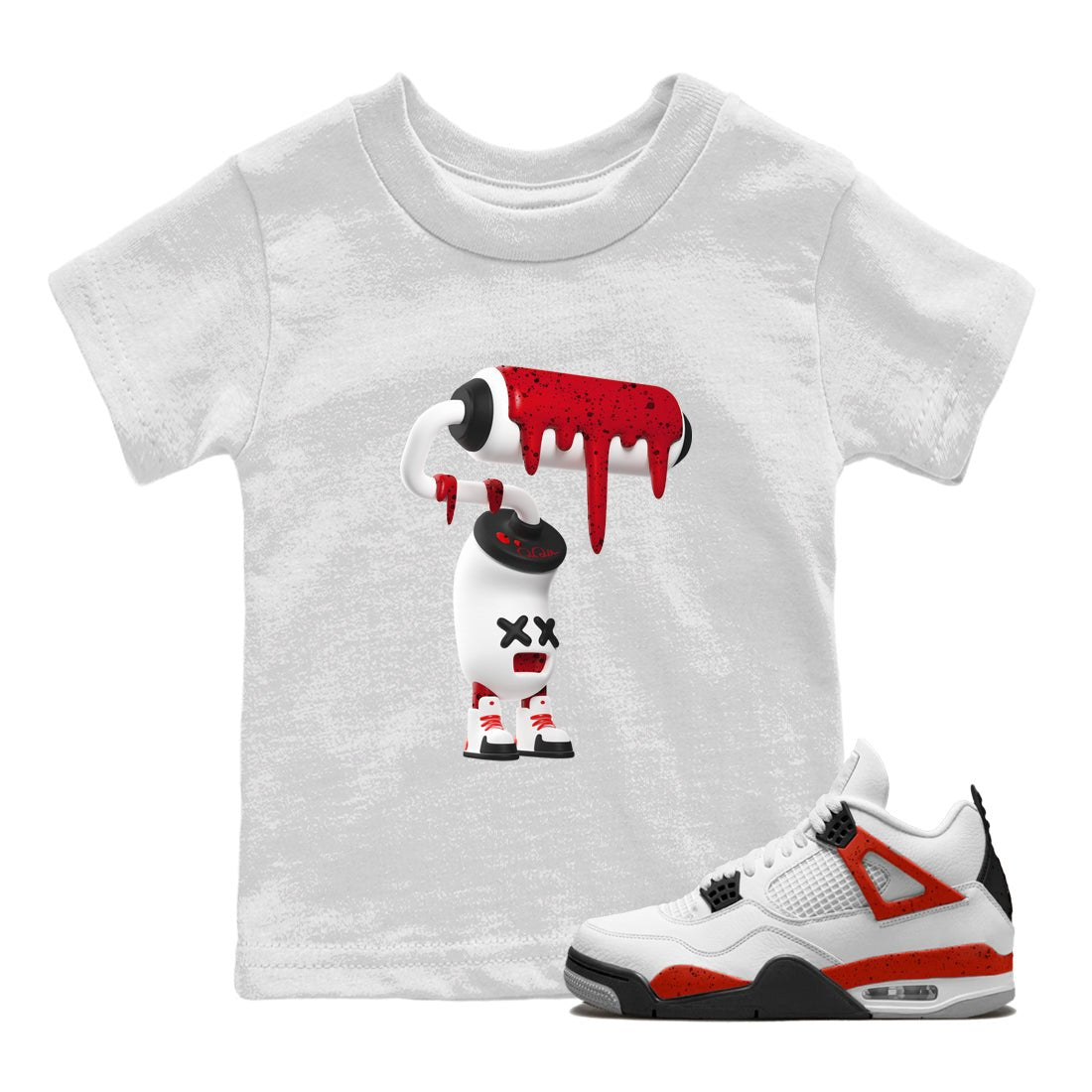 Air Jordan 4 Red Cement Sneaker Match Tees 3D Paint Roller Sneaker Tees AJ4 Retro OG Red Cement Sneaker Release Tees Kids Shirts White 1