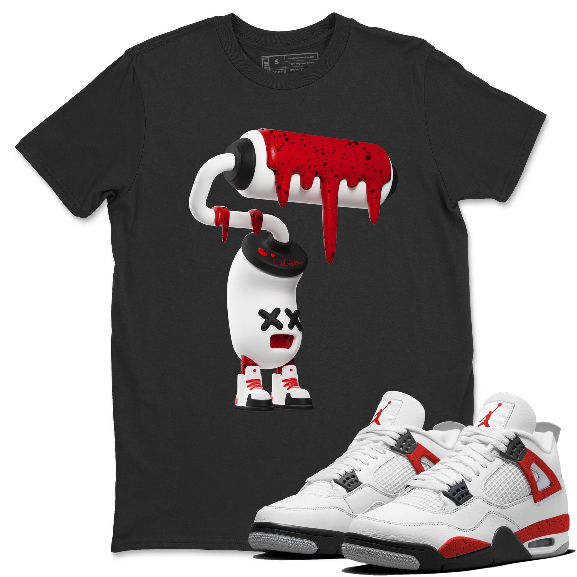 Air Jordan 4 Red Cement Sneaker Match Tees 3D Paint Roller Sneaker Tees AJ4 Retro OG Red Cement Sneaker Release Tees Unisex Shirts Black 1