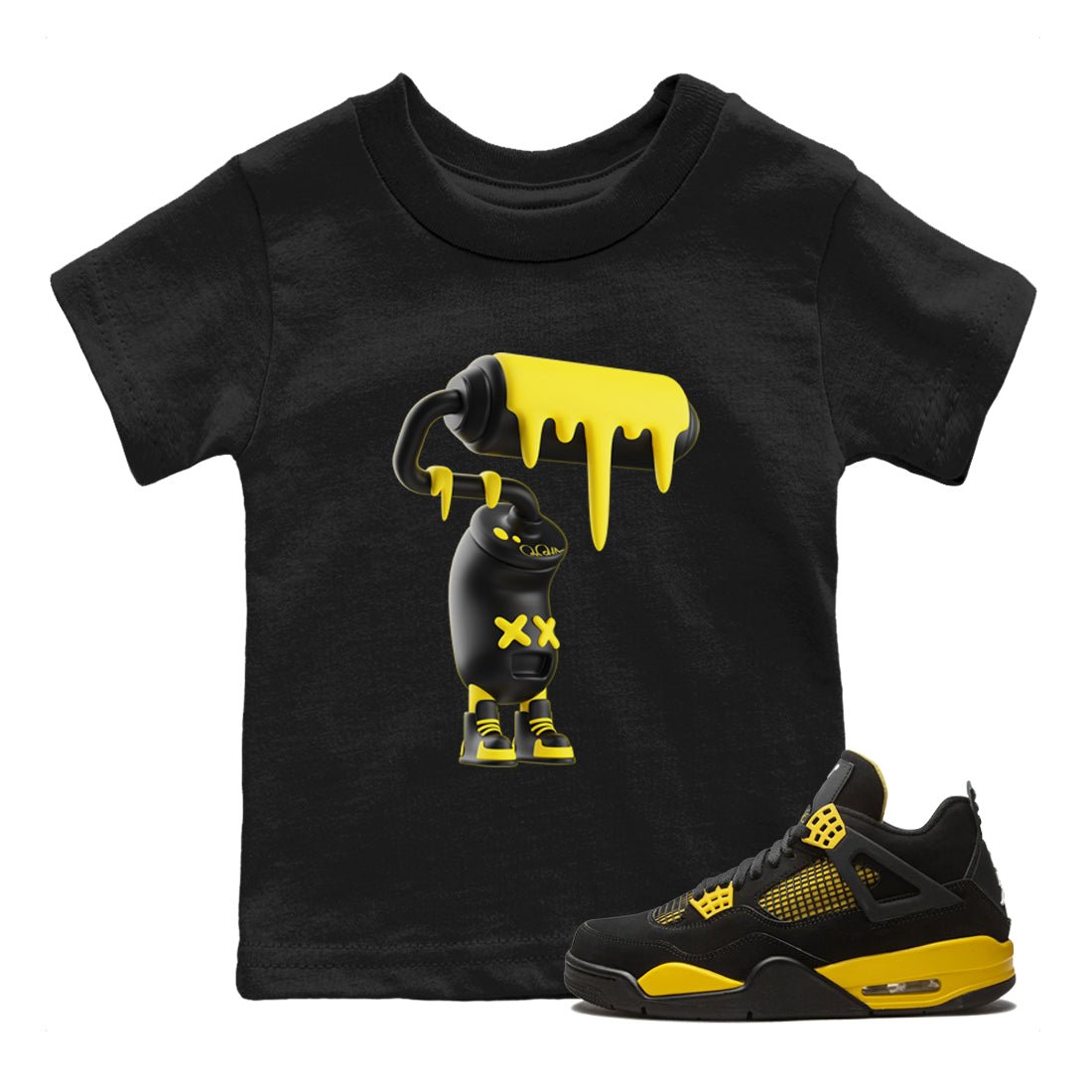 Air Jordan 4 Thunder Sneaker Match Tees 3D Paint Roller Sneaker Tees AJ4 Thunder Jumpman Sneaker Release Tees Kids Shirts Black 1