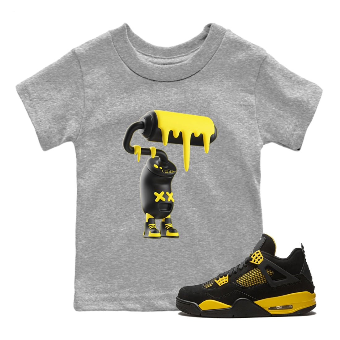 Air Jordan 4 Thunder Sneaker Match Tees 3D Paint Roller Sneaker Tees AJ4 Thunder Jumpman Sneaker Release Tees Kids Shirts Heather Grey 1