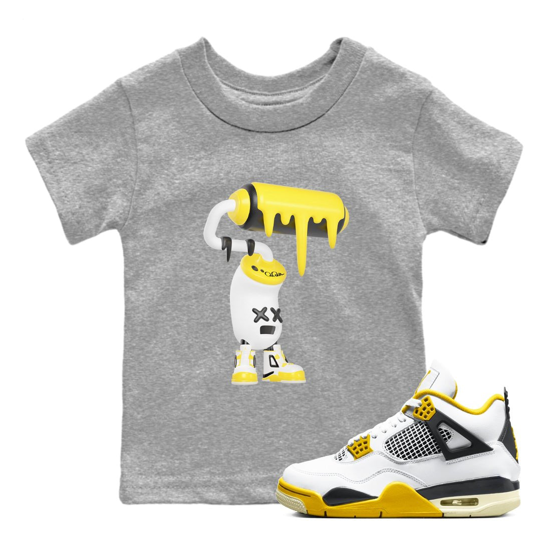 AJ4 Vivid Sulfur shirt to match jordans 3D Paint Roller sneaker tees Air Jordan 4 Vivid Sulfur SNRT sneaker release tees baby toddler Heather Grey 1 cotton Shirt