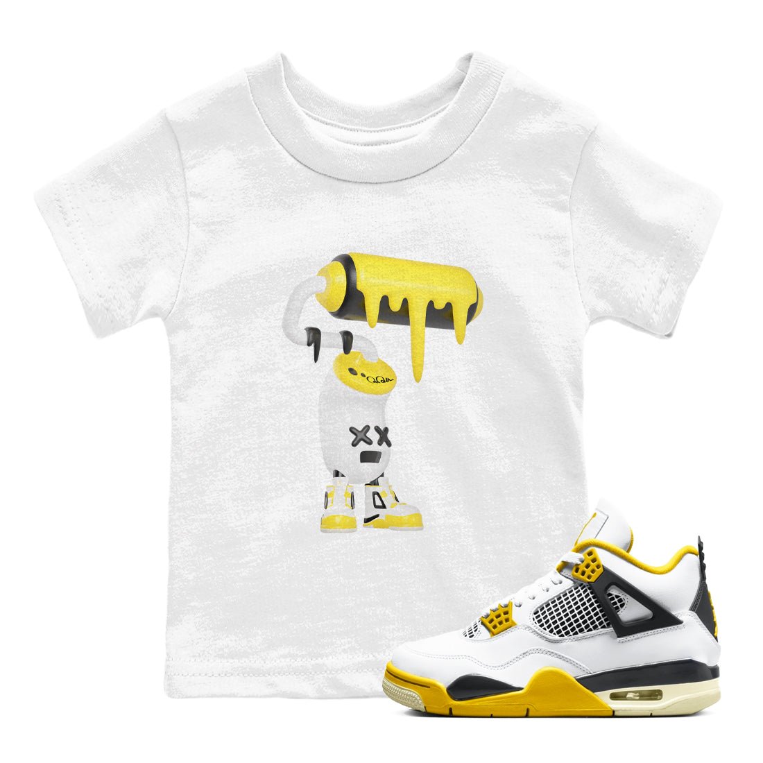 AJ4 Vivid Sulfur shirt to match jordans 3D Paint Roller sneaker tees Air Jordan 4 Vivid Sulfur SNRT sneaker release tees baby toddler White 1 cotton Shirt