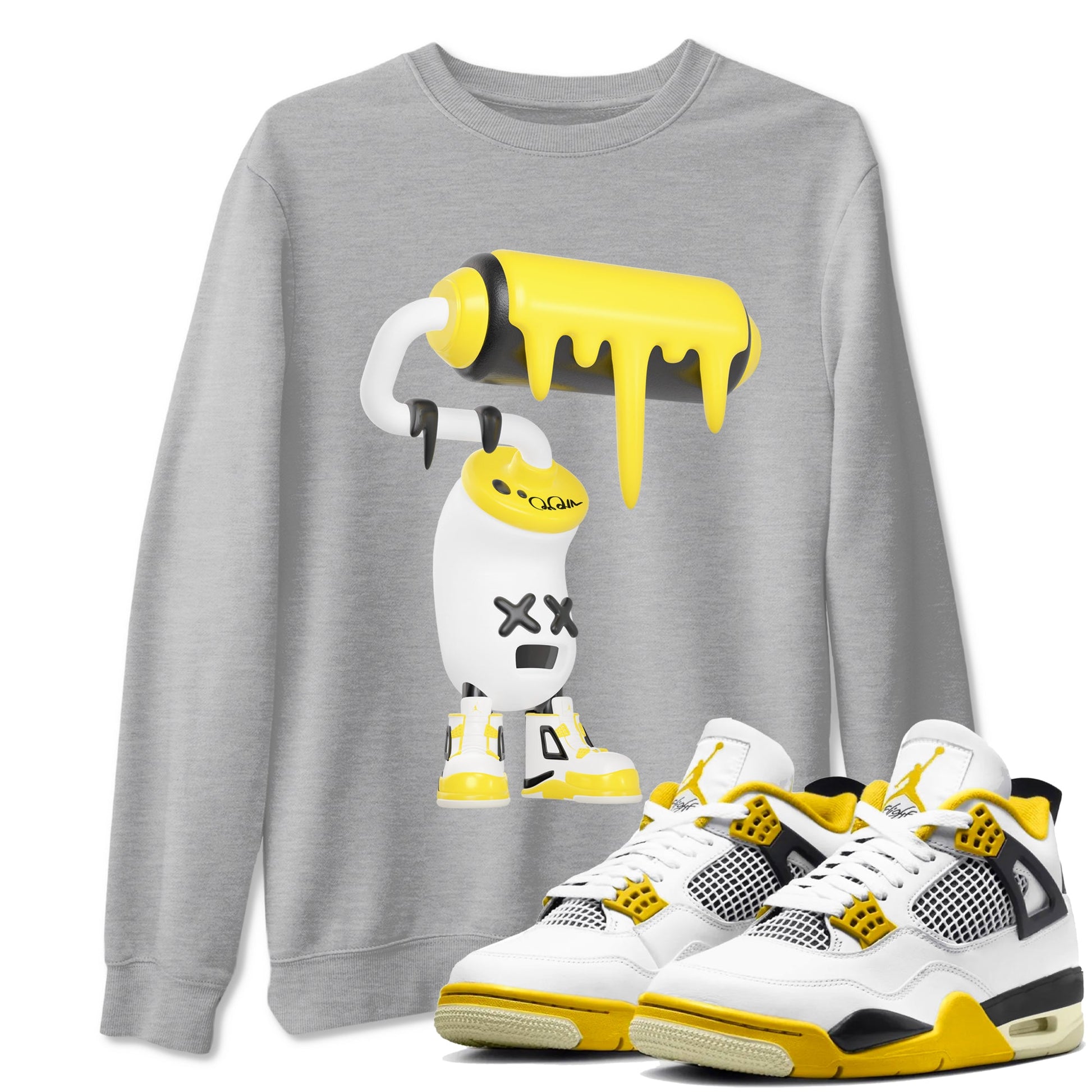 AJ4 Vivid Sulfur shirt to match jordans 3D Paint Roller sneaker tees Air Jordan 4 Vivid Sulfur SNRT Sneaker Release Tees unisex cotton Heather Grey 1 crew neck shirt