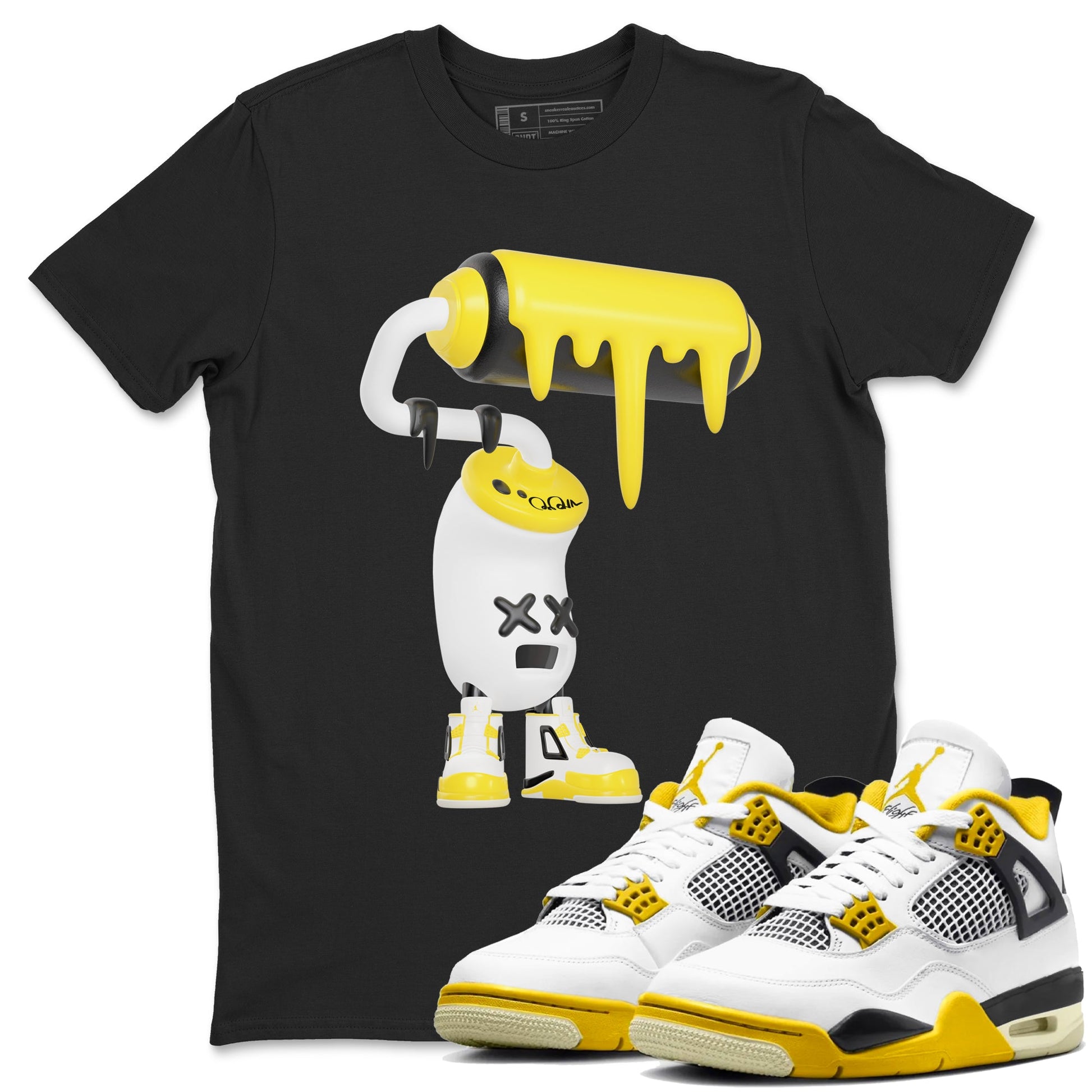 AJ4 Vivid Sulfur shirt to match jordans 3D Paint Roller sneaker tees Air Jordan 4 Vivid Sulfur SNRT Sneaker Release Tees unisex cotton Black 1 crew neck shirt