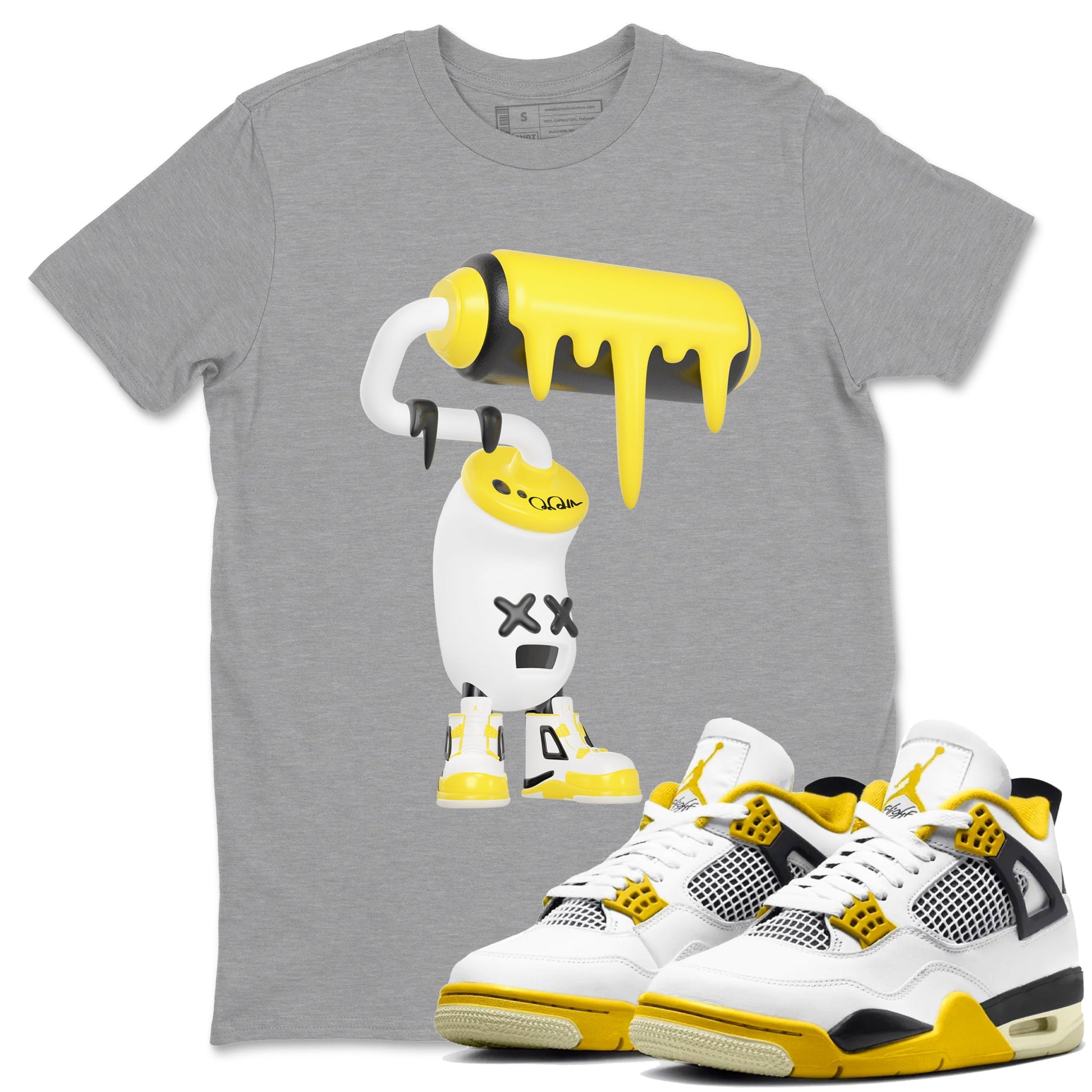 AJ4 Vivid Sulfur shirt to match jordans 3D Paint Roller sneaker tees Air Jordan 4 Vivid Sulfur SNRT Sneaker Release Tees unisex cotton Heather Grey 1 crew neck shirt