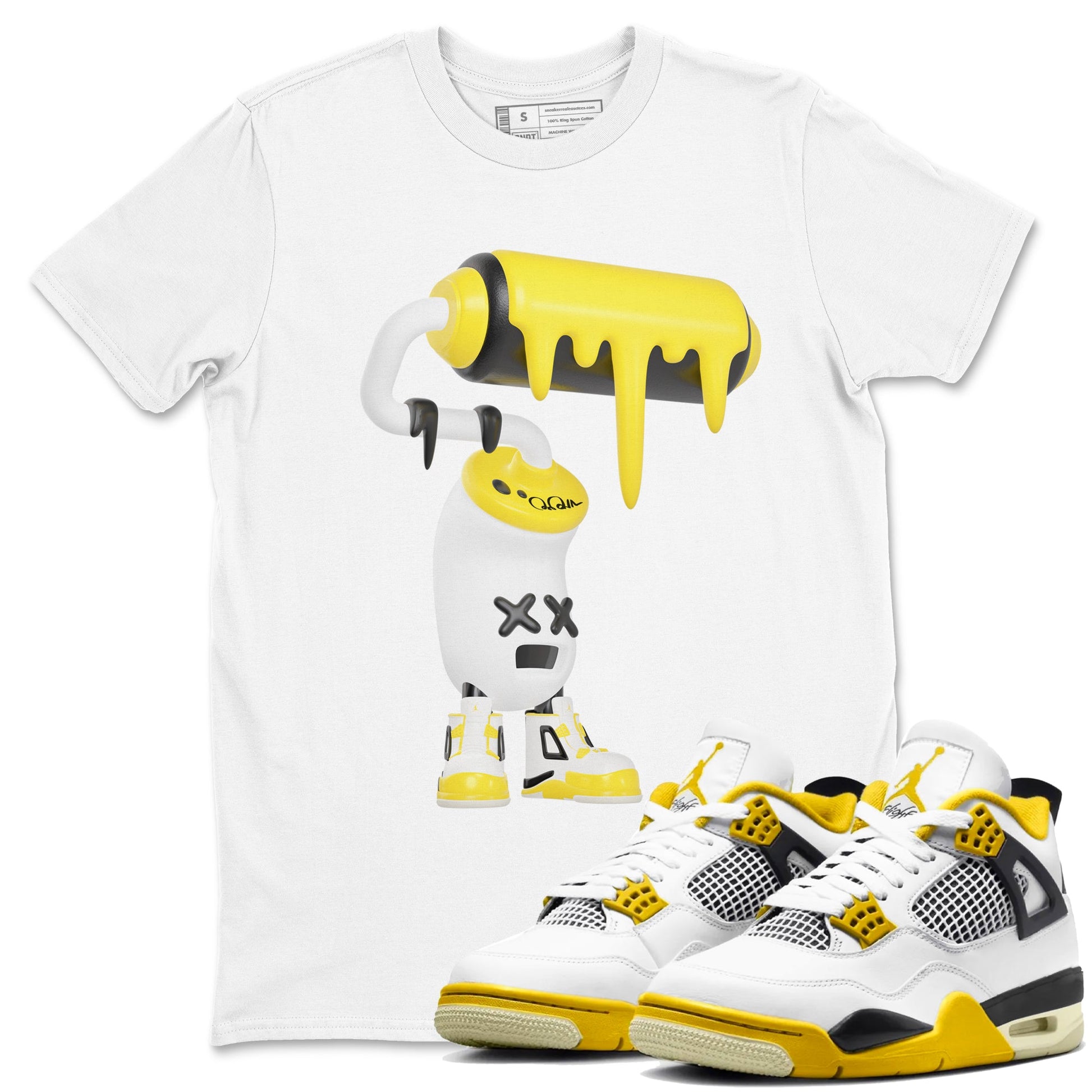 AJ4 Vivid Sulfur shirt to match jordans 3D Paint Roller sneaker tees Air Jordan 4 Vivid Sulfur SNRT Sneaker Release Tees unisex cotton White 1 crew neck shirt
