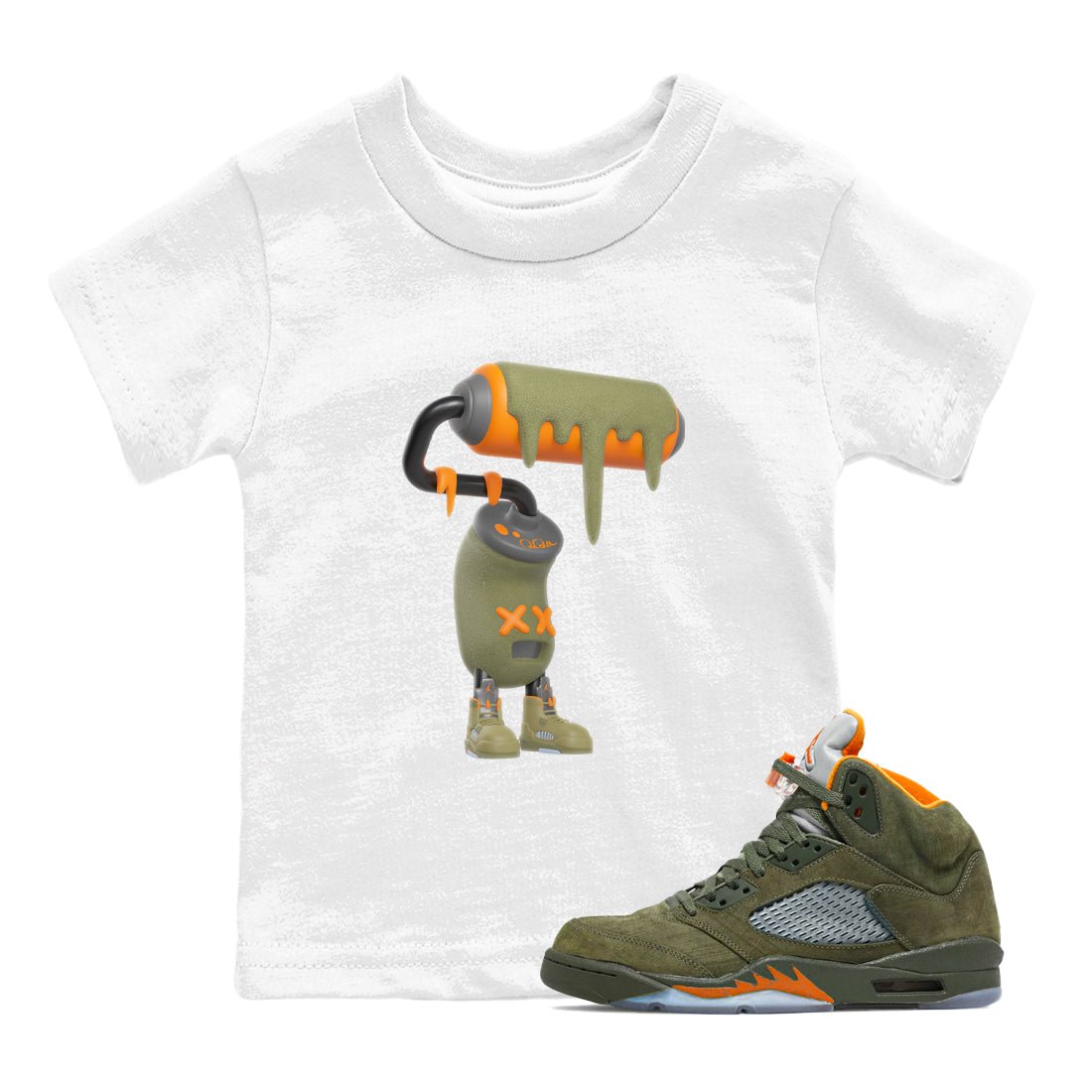 5s Olive shirt to match jordans 3D Paint Roller sneaker tees Air Jordan 5 Olive SNRT sneaker release tees baby toddler White 1 cotton Shirt