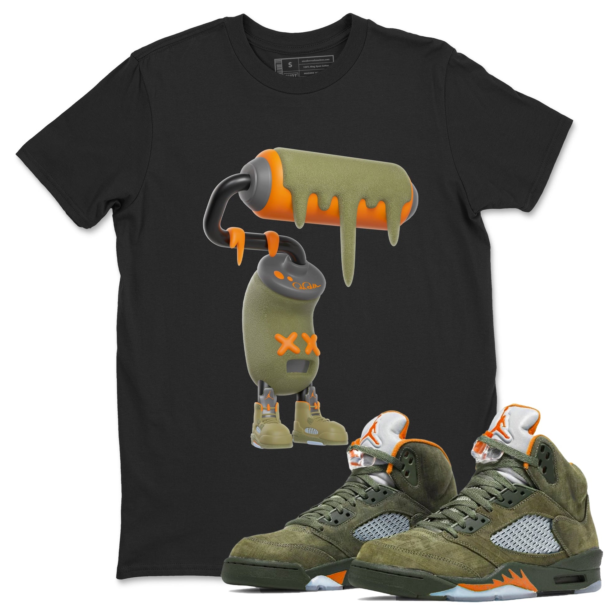 5s Olive shirt to match jordans 3D Paint Roller sneaker tees Air Jordan 5 Olive SNRT Sneaker Release Tees unisex cotton Black 1 crew neck shirt