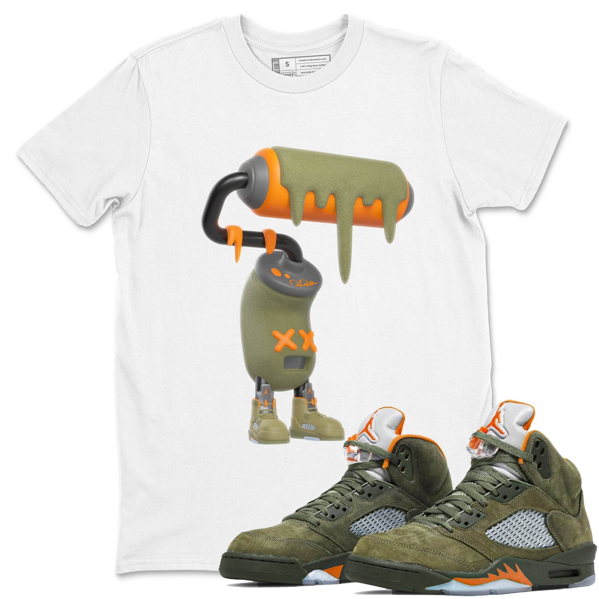 5s Olive shirt to match jordans 3D Paint Roller sneaker tees Air Jordan 5 Olive SNRT Sneaker Release Tees unisex cotton White 1 crew neck shirt