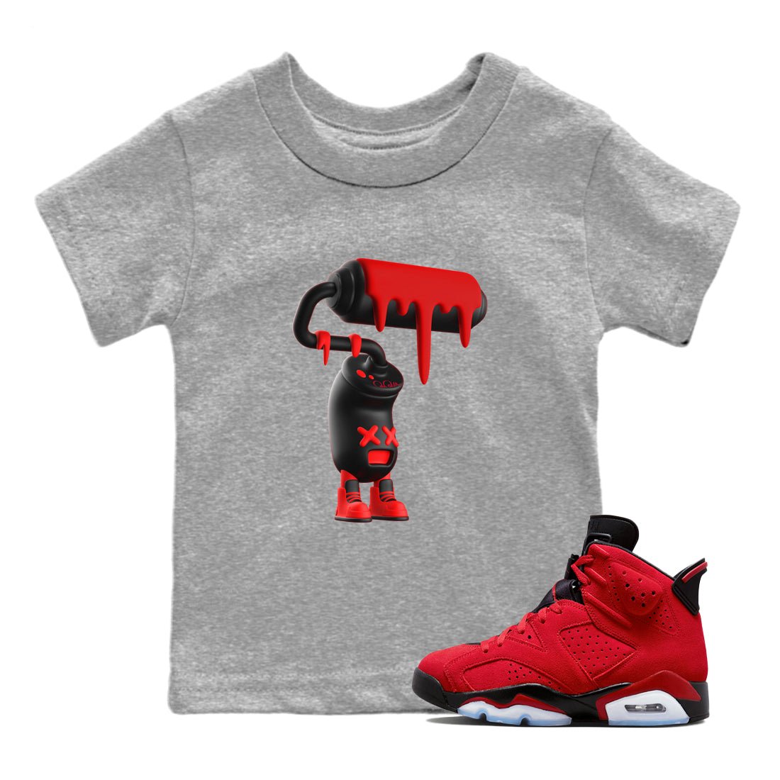 Air Jordan 6 Toro Bravo Sneaker Match Tees 3D Paint Roller Sneaker Tees 3D Graphic Design Shirts AJ6 Toro Bravo Sneaker Release Tees Kids Shirts Heather Grey 1