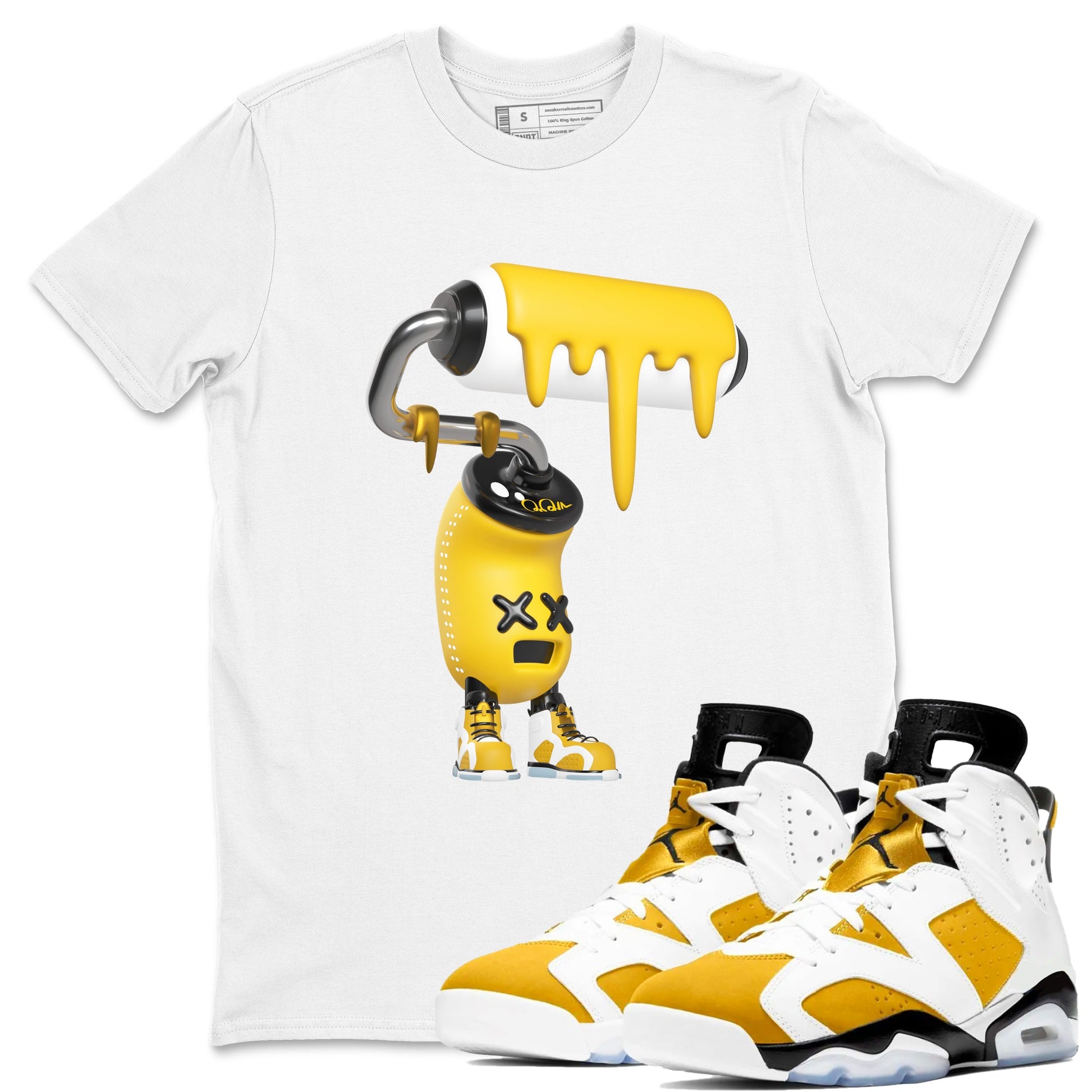 Air Jordan 6 Yellow Ochre shirt to match jordans 3D Paint Roller sneaker tees AJ6 Yellow Ochre SNRT Sneaker Release Tees Unisex White 1 T-Shirt