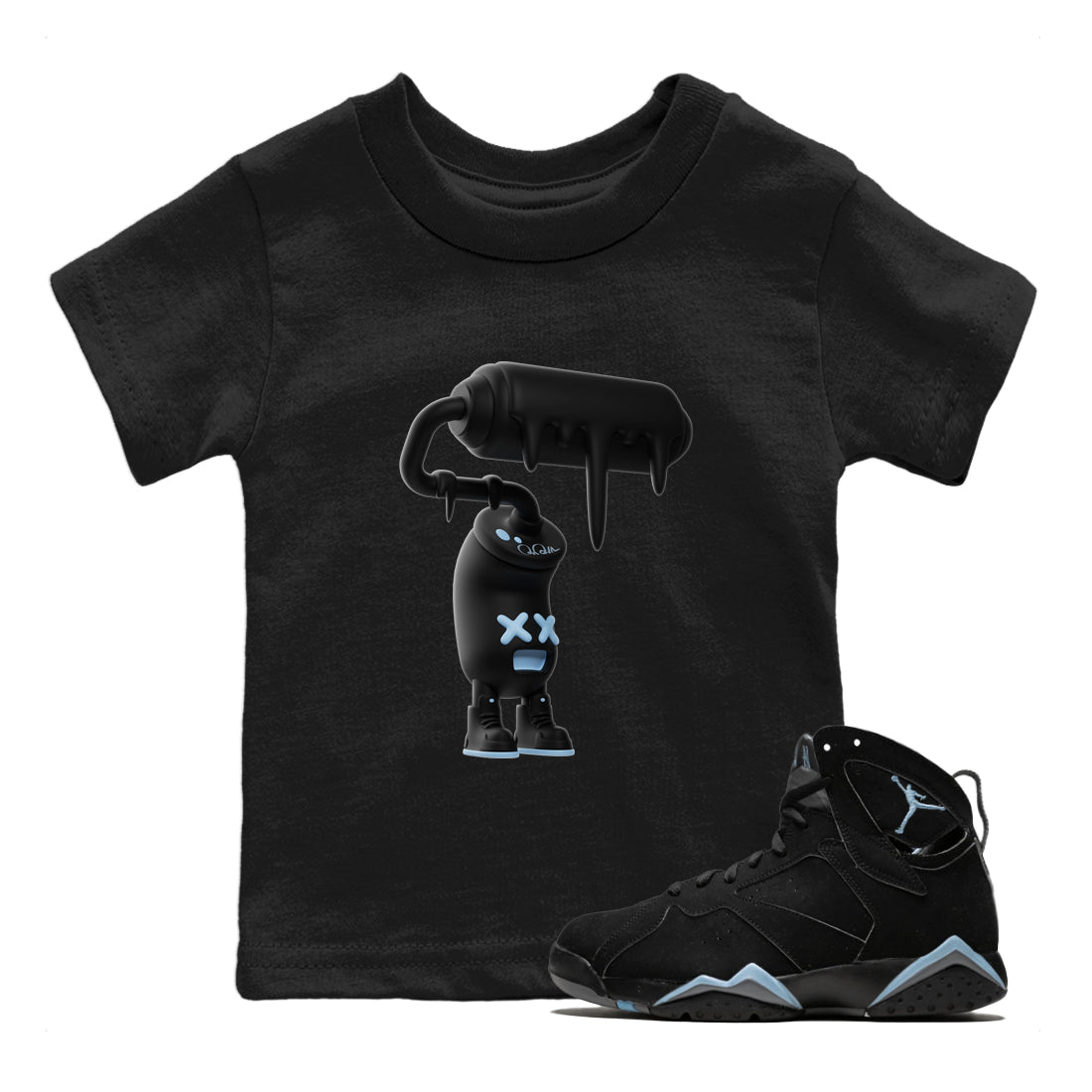 Air Jordan 7 Chambray Sneaker Match Tees 3D Paint Roller Sneaker Tees AJ7 Chambray Sneaker Release Tees Kids Shirts Black 1