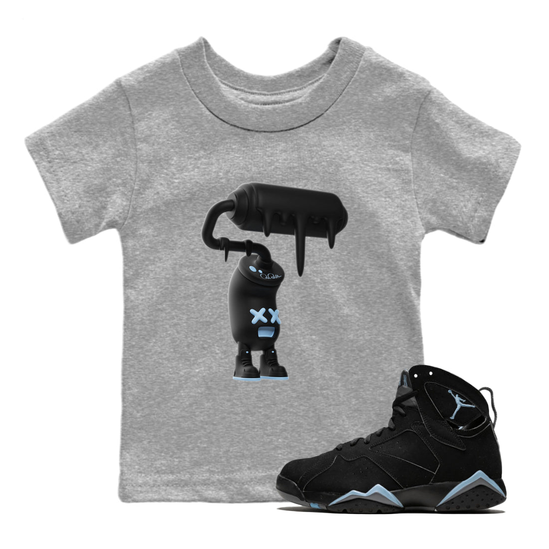 Air Jordan 7 Chambray Sneaker Match Tees 3D Paint Roller Sneaker Tees AJ7 Chambray Sneaker Release Tees Kids Shirts Heather Grey 1