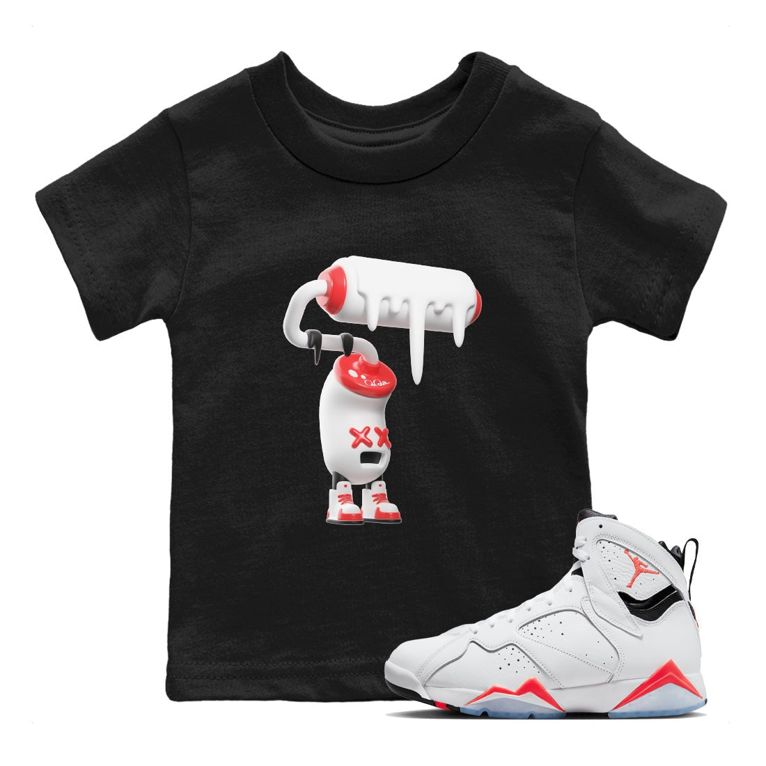 Air Jordan 7 Infrared Sneaker Match Tees 3D Paint Roller Sneaker Tees AJ7 Infrared Sneaker Release Tees Kids Shirts Black 1