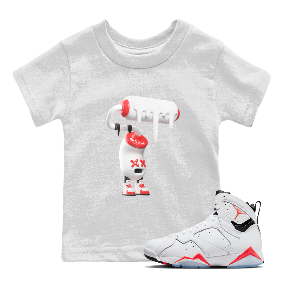 Air Jordan 7 Infrared Sneaker Match Tees 3D Paint Roller Sneaker Tees AJ7 Infrared Sneaker Release Tees Kids Shirts White 1