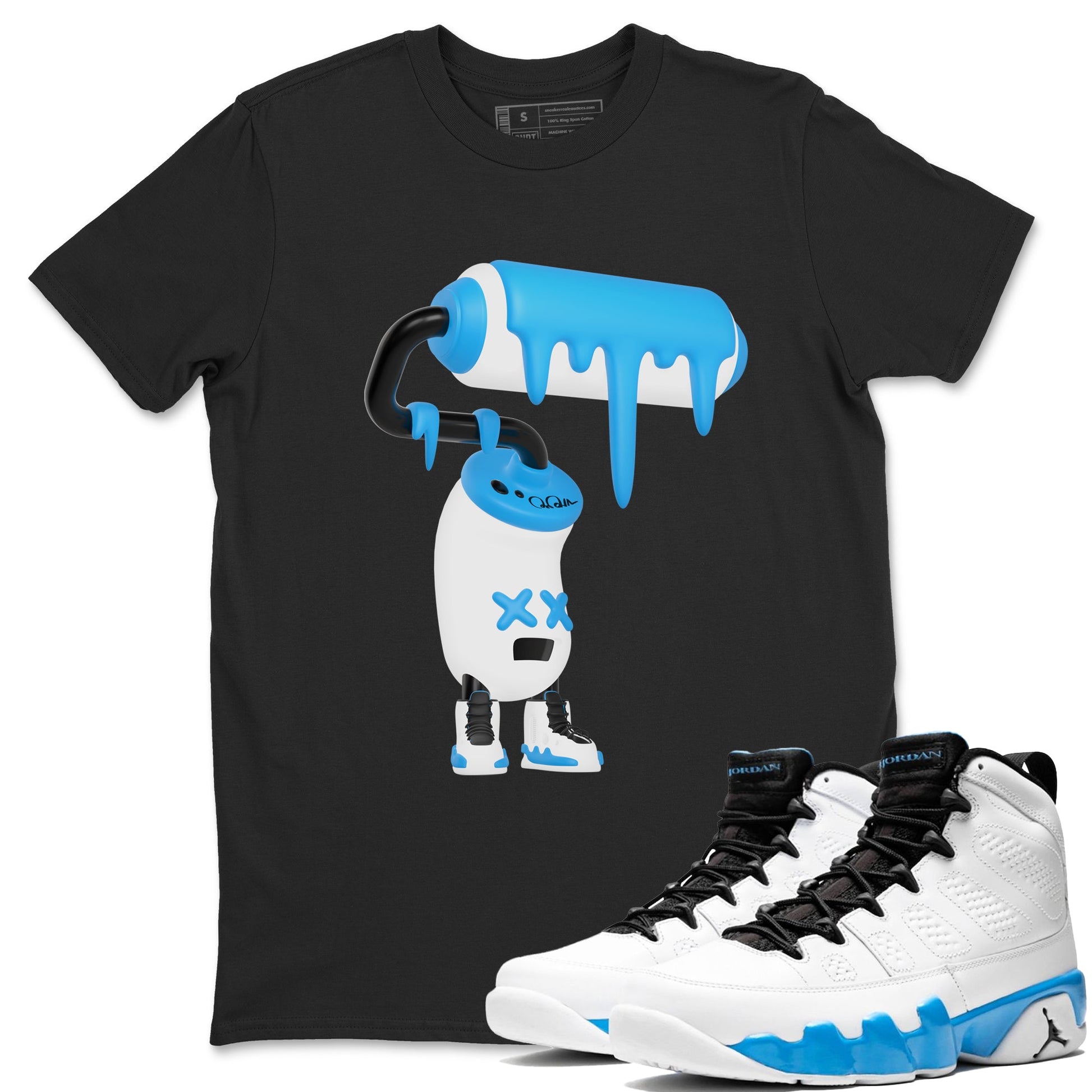 9s Powder Blue shirt to match jordans 3D Paint Roller sneaker tees Air Jordan 9 Powder Blue SNRT Sneaker Release Tees unisex cotton Black 1 crew neck shirt