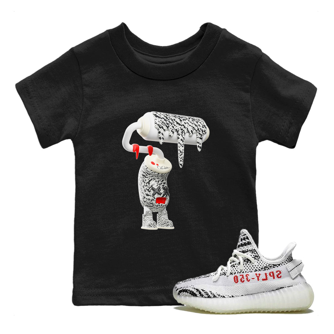 Yeezy 350 Zebra Sneaker Match Tees 3D Paint Roller Sneaker Tees Yeezy Boost 350 V2 Zebra Sneaker Release Tees Kids Shirts Black 1