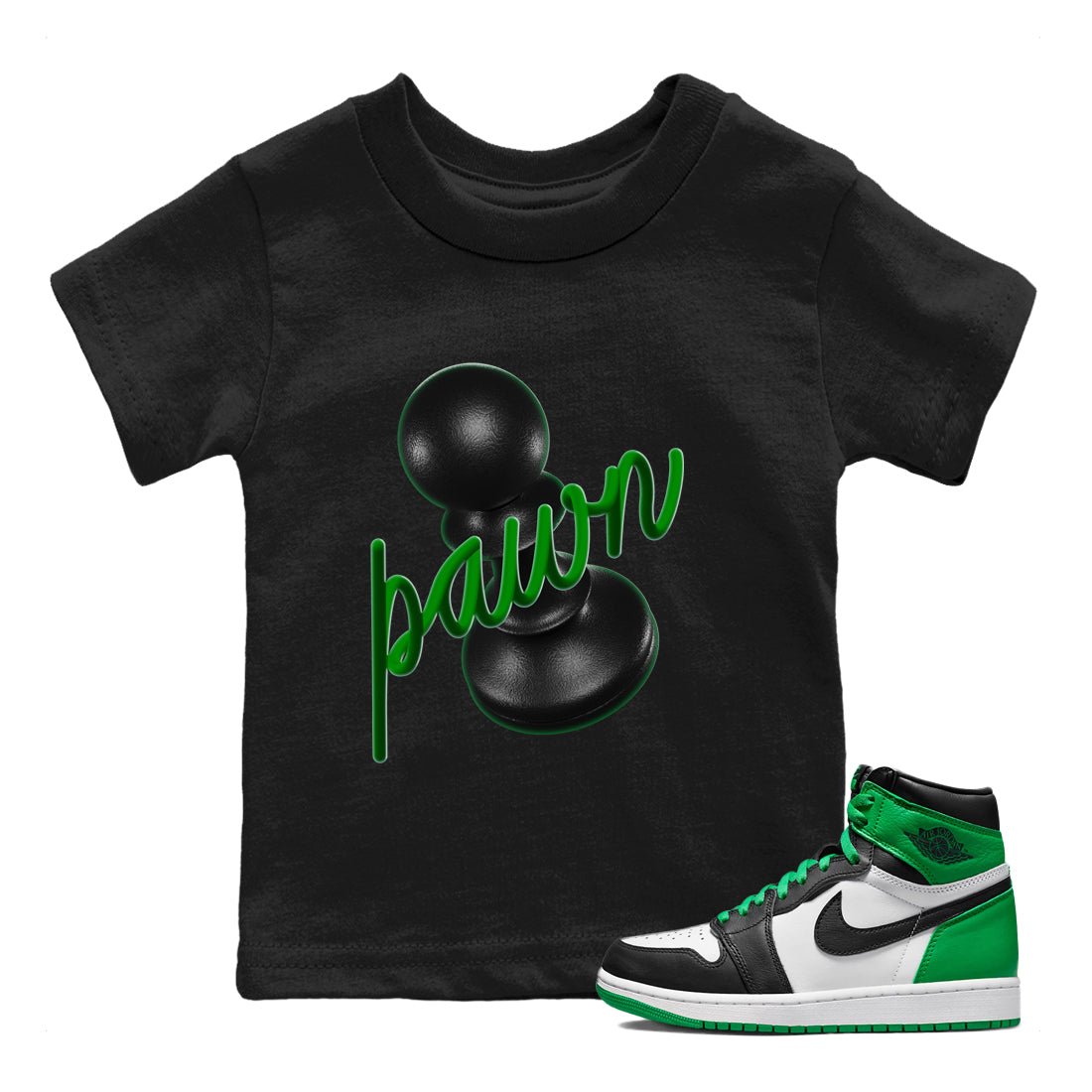 Air Jordan 1 Celtics Sneaker Match Tees 3D Pawn Sneaker Tees AJ1 High OG Lucky Green Sneaker Release Tees Kids Shirts Black 1
