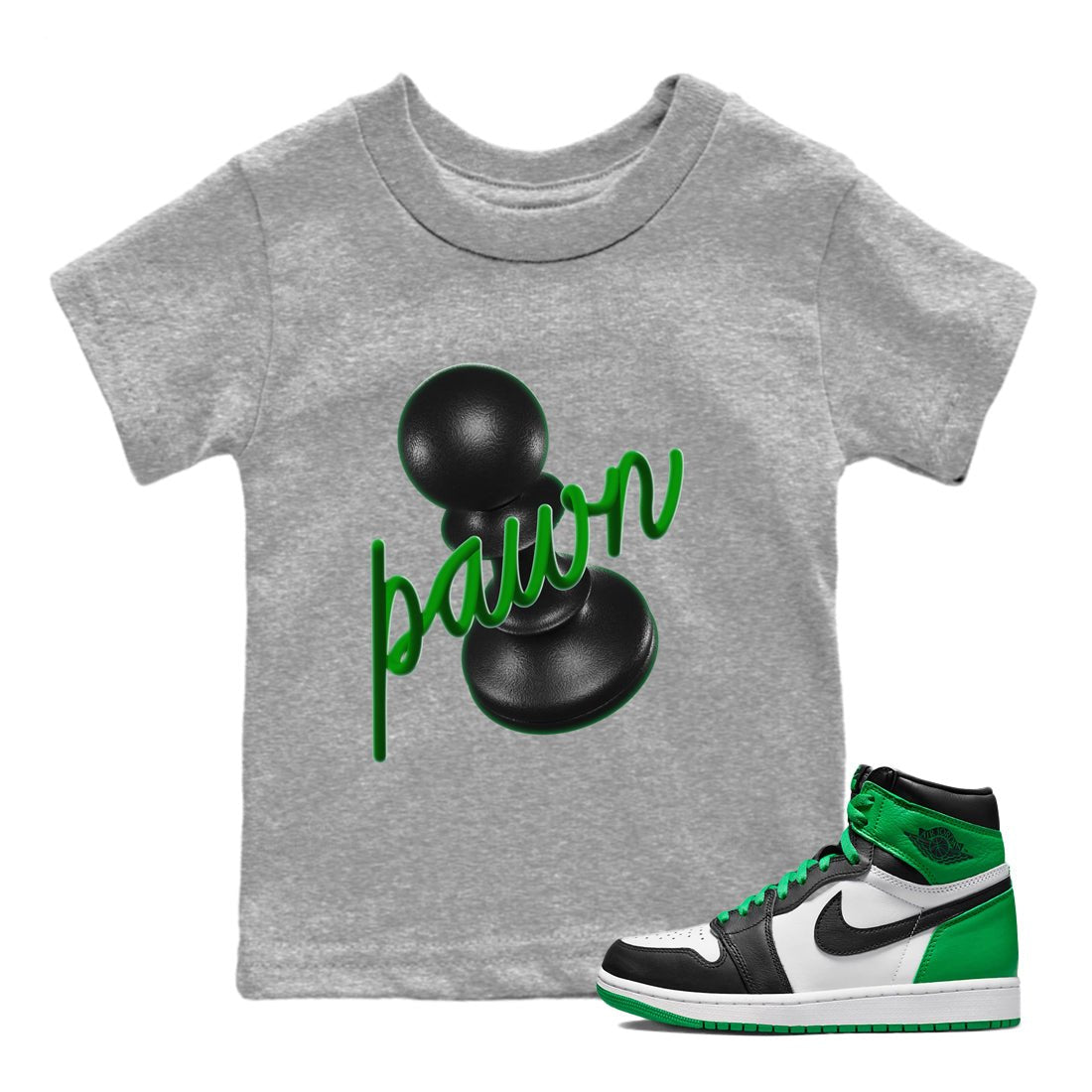 Air Jordan 1 Celtics Sneaker Match Tees 3D Pawn Sneaker Tees AJ1 High OG Lucky Green Sneaker Release Tees Kids Shirts Heather Grey 1