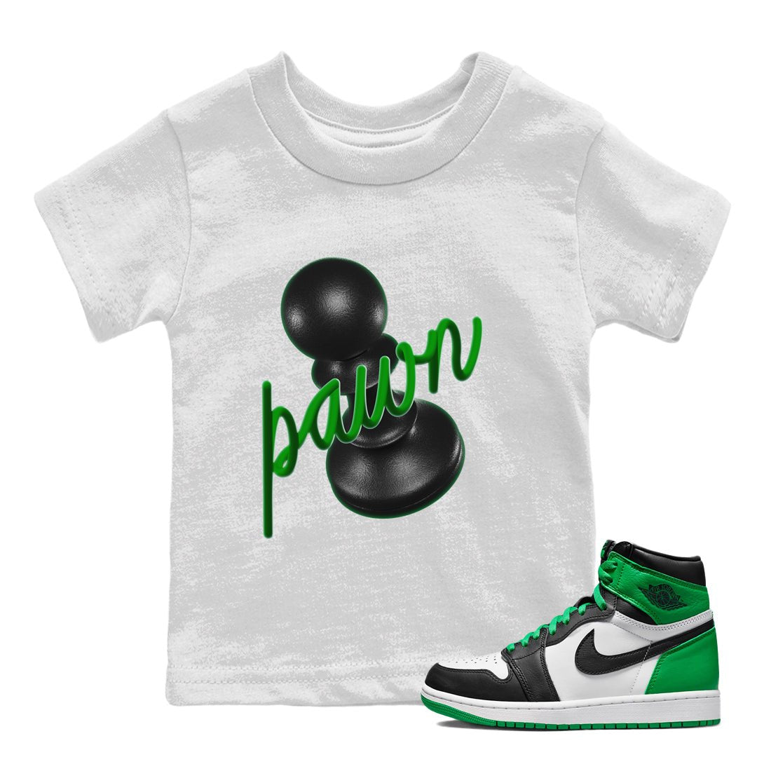 Air Jordan 1 Celtics Sneaker Match Tees 3D Pawn Sneaker Tees AJ1 High OG Lucky Green Sneaker Release Tees Kids Shirts White 1