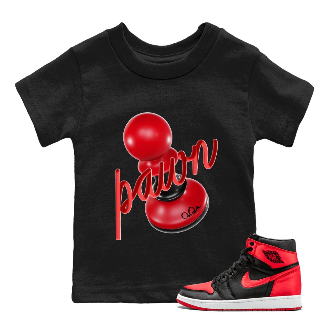 Air Jordan 1 Satin Bred Sneaker Match Tees 3D Pawn Sneaker Tees AJ1 Satin Bred Sneaker Release Tees Kids Shirts Black 1