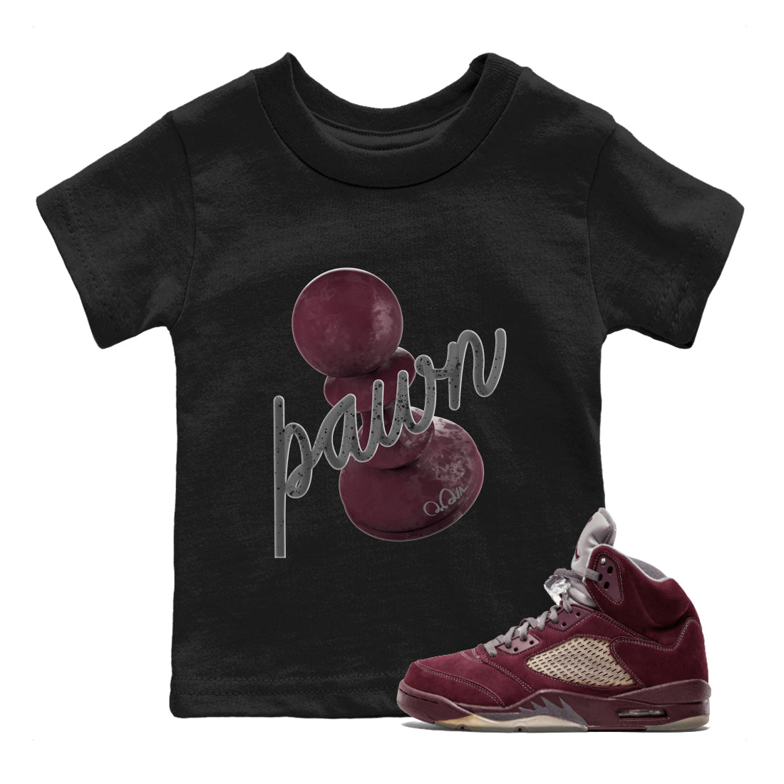 Air Jordan 5 Burgundy Sneaker Match Tees 3D Pawn Sneaker Tees AJ5 Burgundy Sneaker Release Tees Kids Shirts Black 1