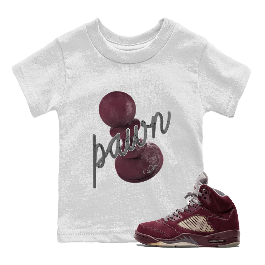 Air Jordan 5 Burgundy Sneaker Match Tees 3D Pawn Sneaker Tees AJ5 Burgundy Sneaker Release Tees Kids Shirts White 1