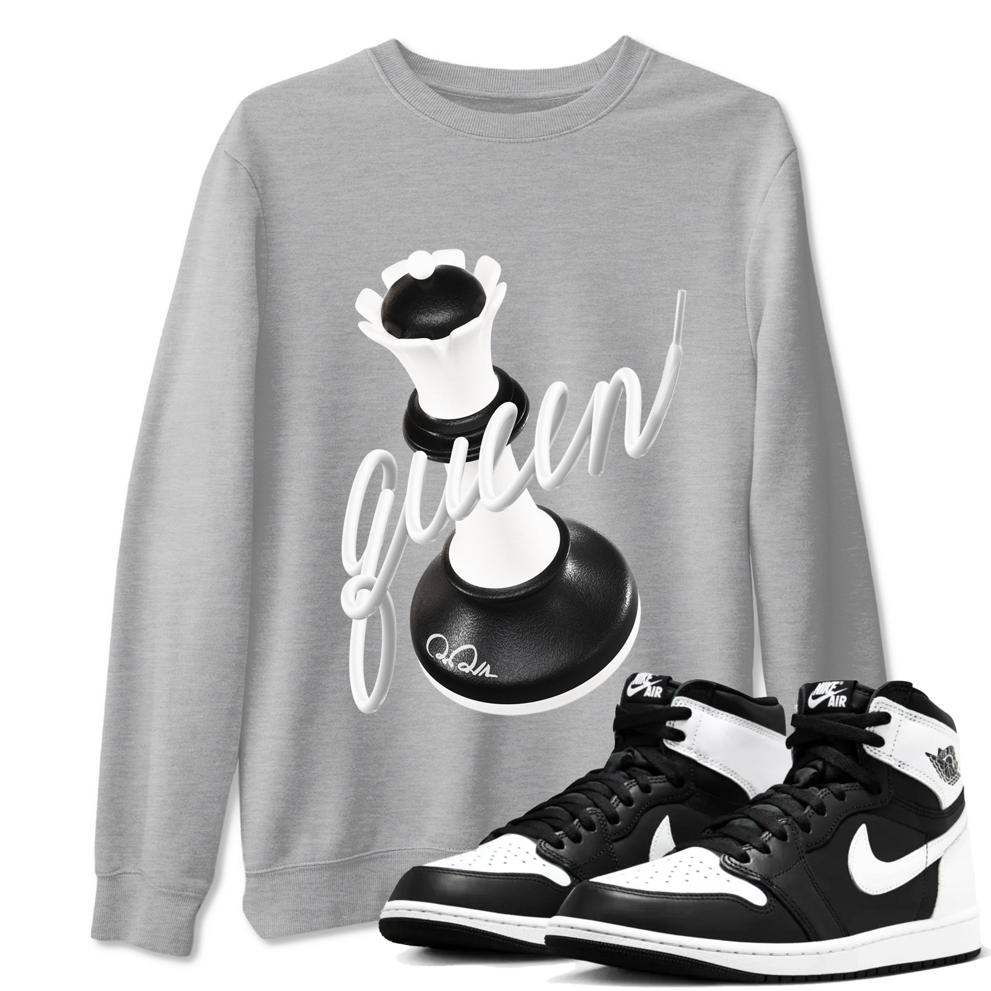 1s Black White shirt to match jordans 3D Queen sneaker tees Air Jordan 1 High OG Black White SNRT Sneaker Release Tees unisex cotton Heather Grey 1 crew neck shirt