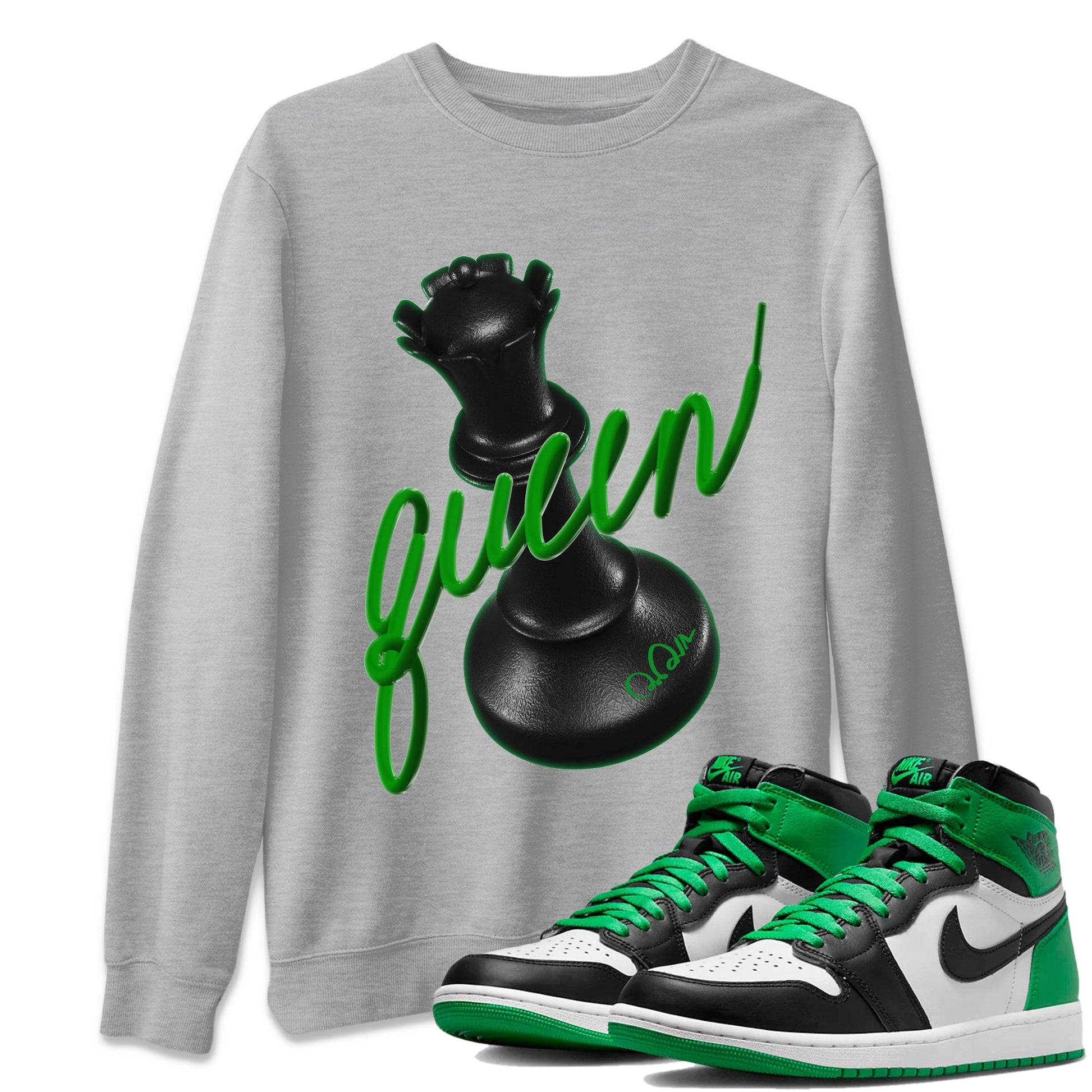 Air Jordan 1 Celtics Sneaker Match Tees 3D Queen Sneaker Tees AJ1 High OG Lucky Green Sneaker Release Tees Unisex Shirts Heather Grey 1