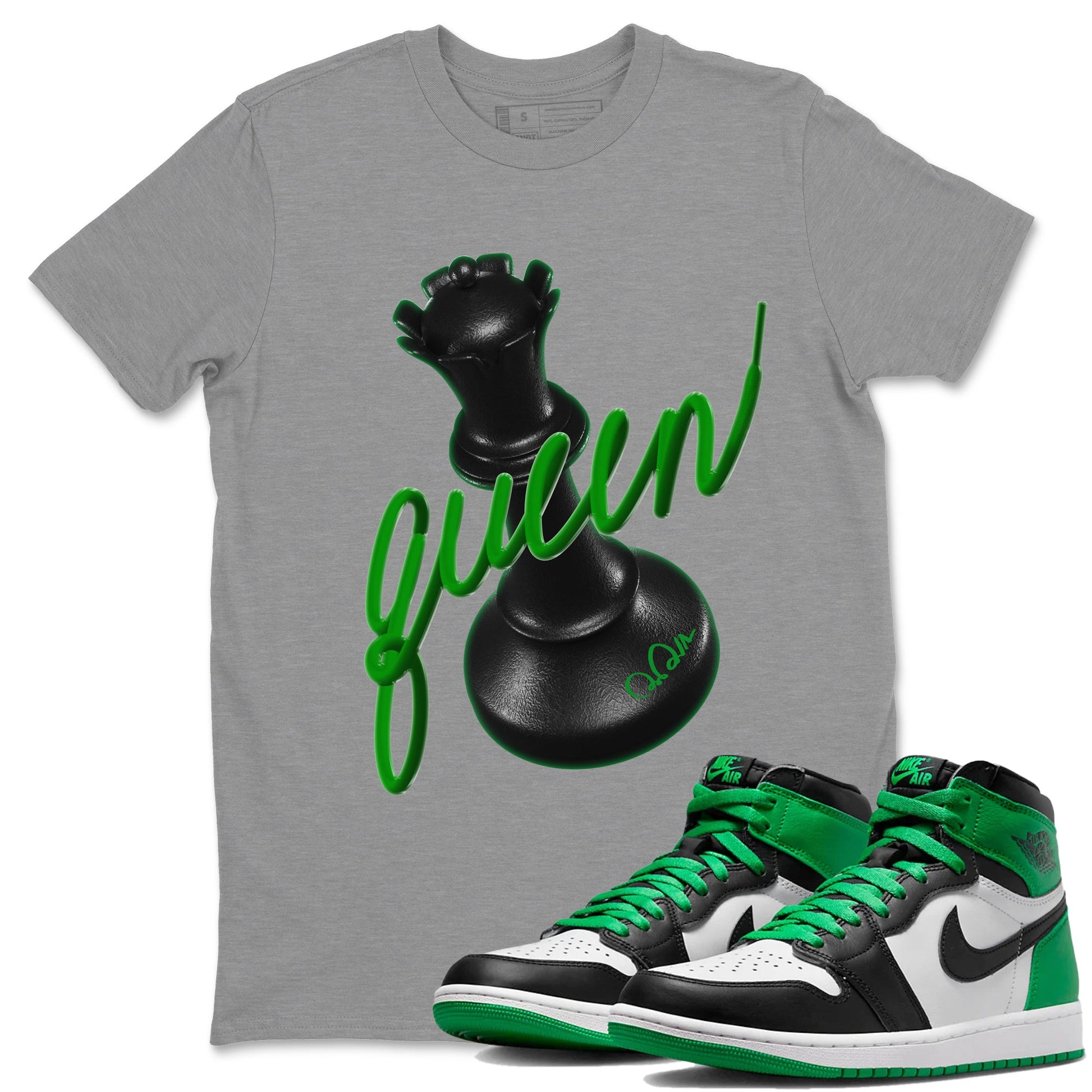Air Jordan 1 Celtics Sneaker Match Tees 3D Queen Sneaker Tees AJ1 High OG Lucky Green Sneaker Release Tees Unisex Shirts Heather Grey 1
