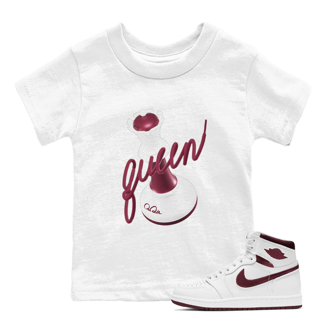 1s Metallic Burgundy shirt to match jordans 3D Queen sneaker tees AJ1 Metallic Burgundy SNRT Sneaker Release Tees Baby Toddler White 1 T-Shirt