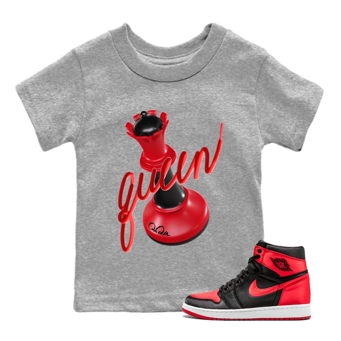 Air Jordan 1 Satin Bred Sneaker Match Tees 3D Queen Sneaker Tees AJ1 Satin Bred Sneaker Release Tees Kids Shirts Heather Grey 1