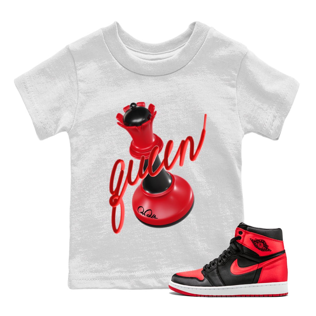 Air Jordan 1 Satin Bred Sneaker Match Tees 3D Queen Sneaker Tees AJ1 Satin Bred Sneaker Release Tees Kids Shirts White 1