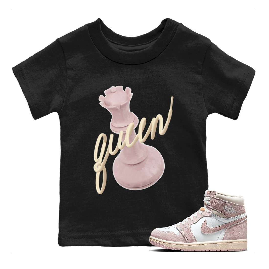 AJ1 Retro High OG Washed Pink Sneaker Match Tees 3D Queen Sneaker Tees AJ1 Retro High OG Washed Pink Sneaker Release Tees Kids Shirts Black 1