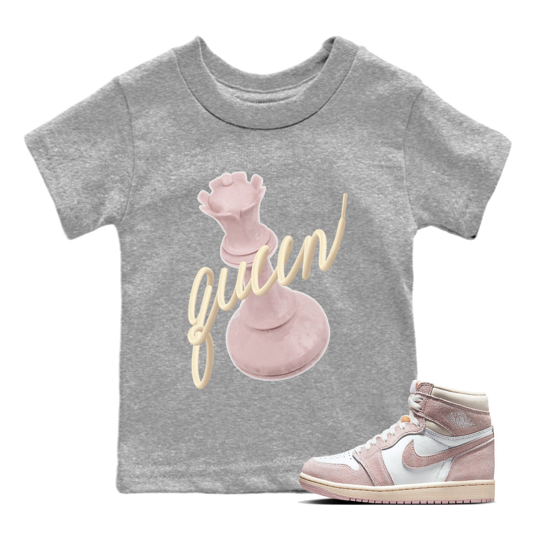 AJ1 Retro High OG Washed Pink Sneaker Match Tees 3D Queen Sneaker Tees AJ1 Retro High OG Washed Pink Sneaker Release Tees Kids Shirts Heather Grey 1