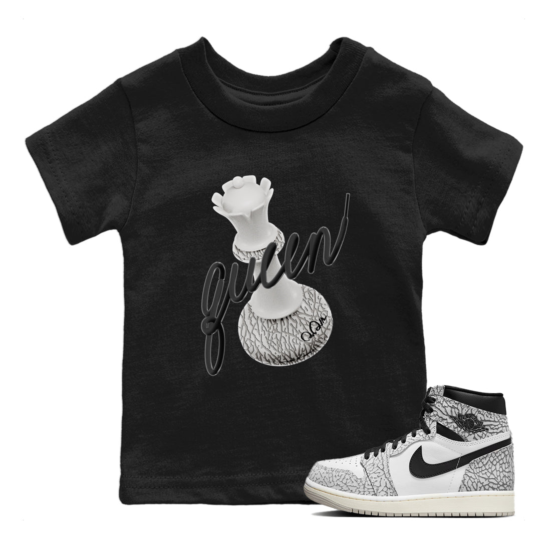 Air Jordan 1 White Cement Sneaker Match Tees 3D Queen Sneaker Tees Air Jordan 1 White Cement Sneaker Release Tees Kids Shirts Black 1