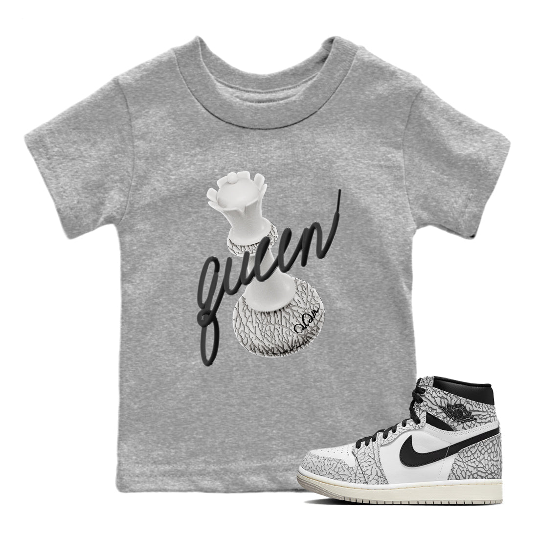 Air Jordan 1 White Cement Sneaker Match Tees 3D Queen Sneaker Tees Air Jordan 1 White Cement Sneaker Release Tees Kids Shirts Heather Grey 1