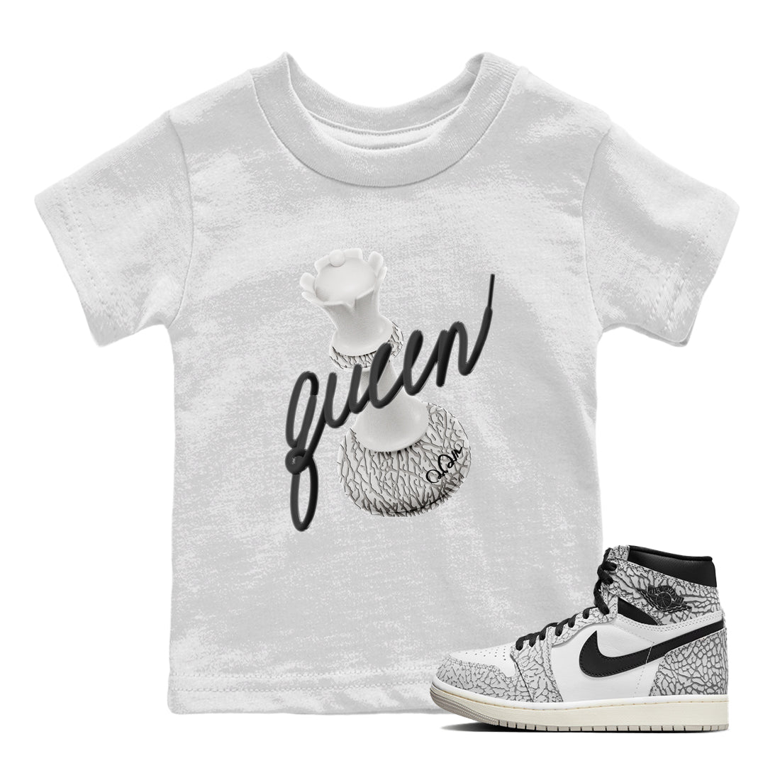 Air Jordan 1 White Cement Sneaker Match Tees 3D Queen Sneaker Tees Air Jordan 1 White Cement Sneaker Release Tees Kids Shirts White 1