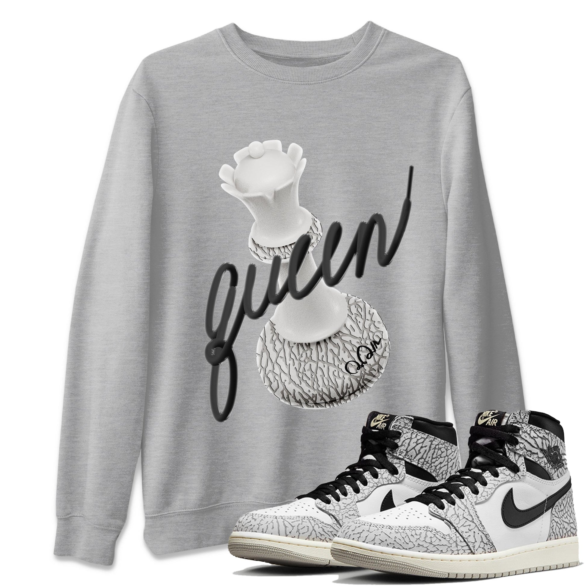 Air Jordan 1 White Cement Sneaker Match Tees 3D Queen Sneaker Tees Air Jordan 1 White Cement Sneaker Release Tees Unisex Shirts Heather Grey 1