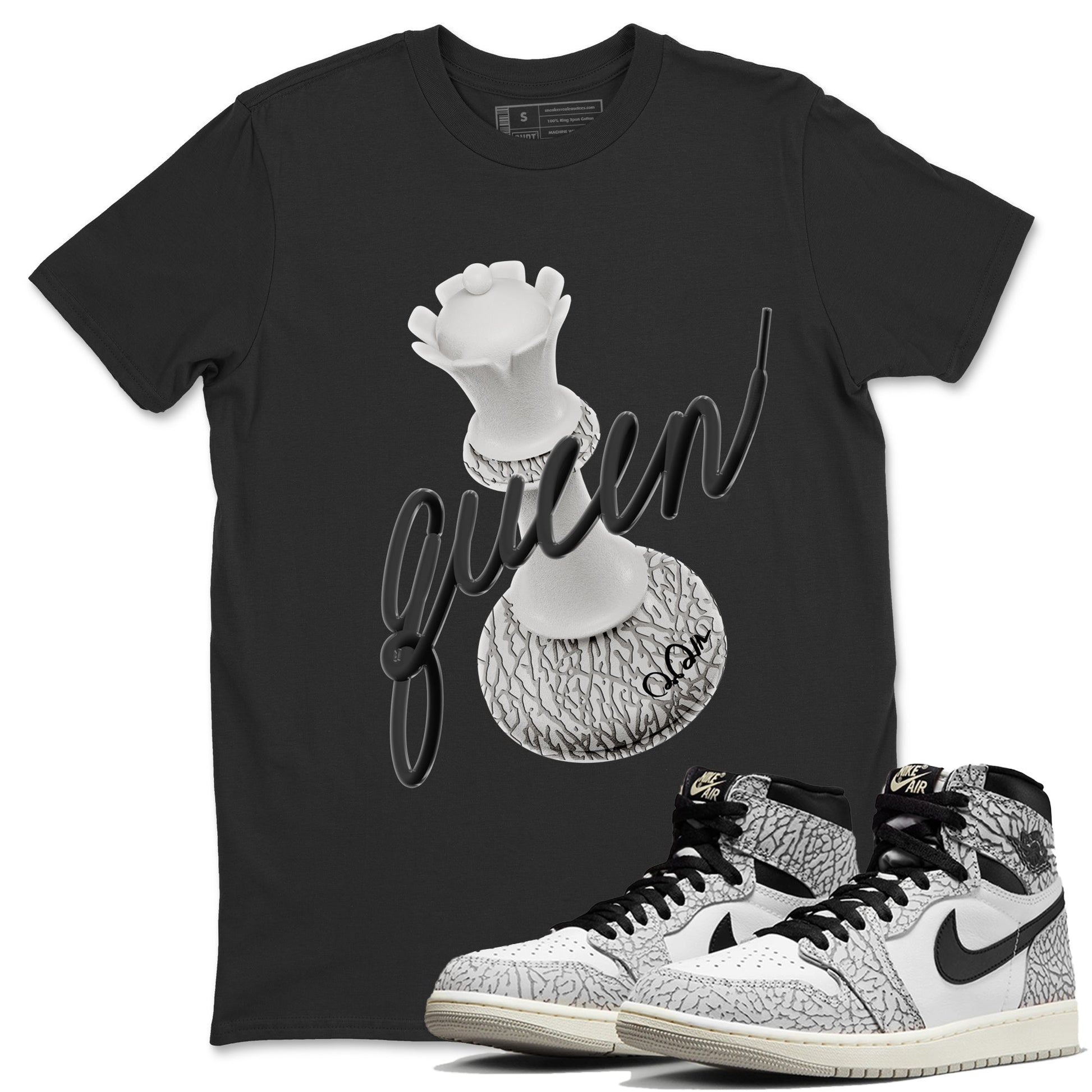 Air Jordan 1 White Cement Sneaker Match Tees 3D Queen Sneaker Tees Air Jordan 1 White Cement Sneaker Release Tees Unisex Shirts Black 1