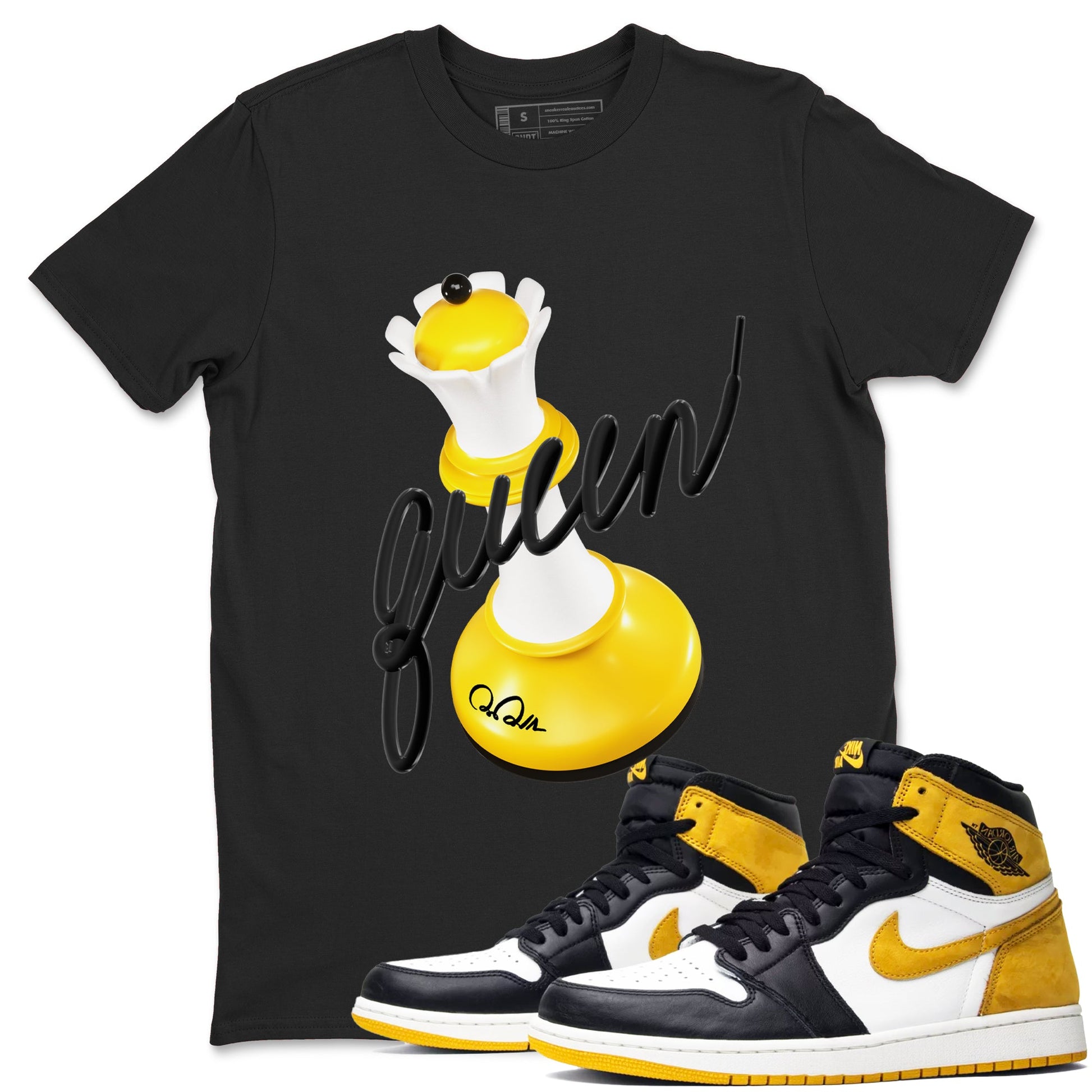 1s Yellow Ochre shirt to match jordans 3D Queen sneaker tees Air Jordan 1 Yellow Ochre SNRT Sneaker Release Tees unisex cotton Black 1 crew neck shirt