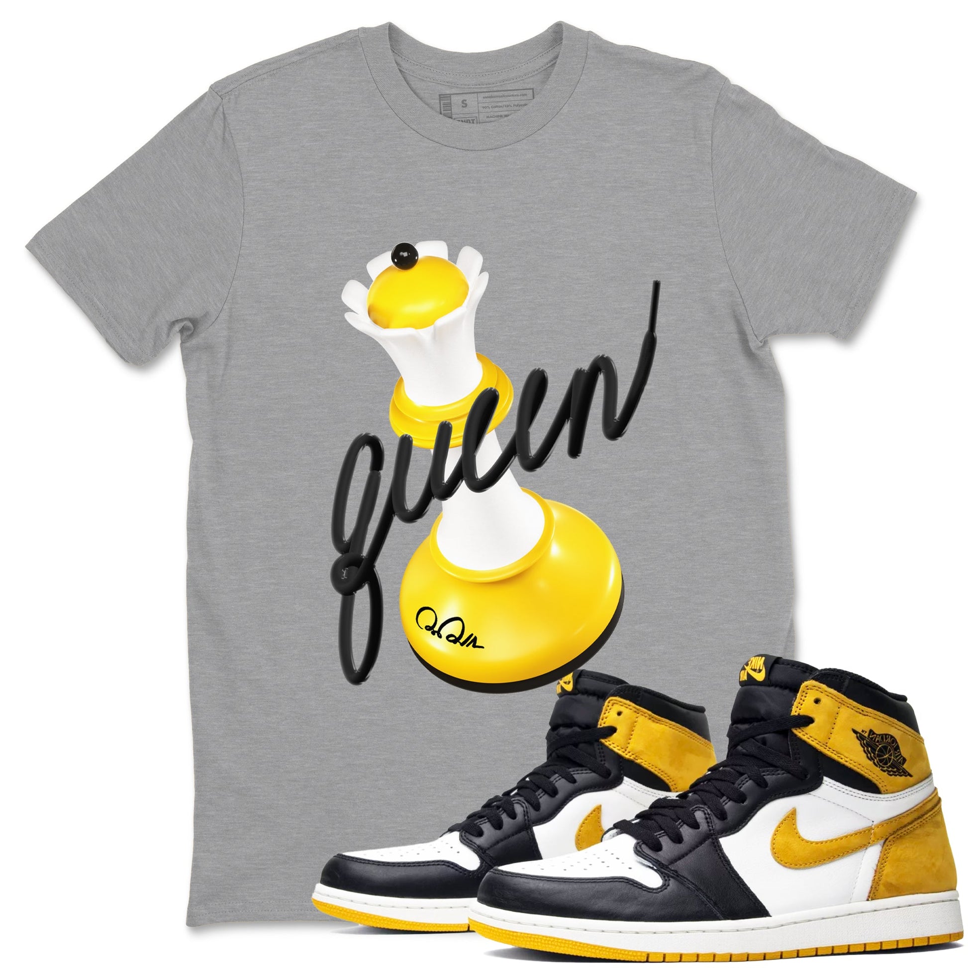 1s Yellow Ochre shirt to match jordans 3D Queen sneaker tees Air Jordan 1 Yellow Ochre SNRT Sneaker Release Tees unisex cotton Heather Grey 1 crew neck shirt