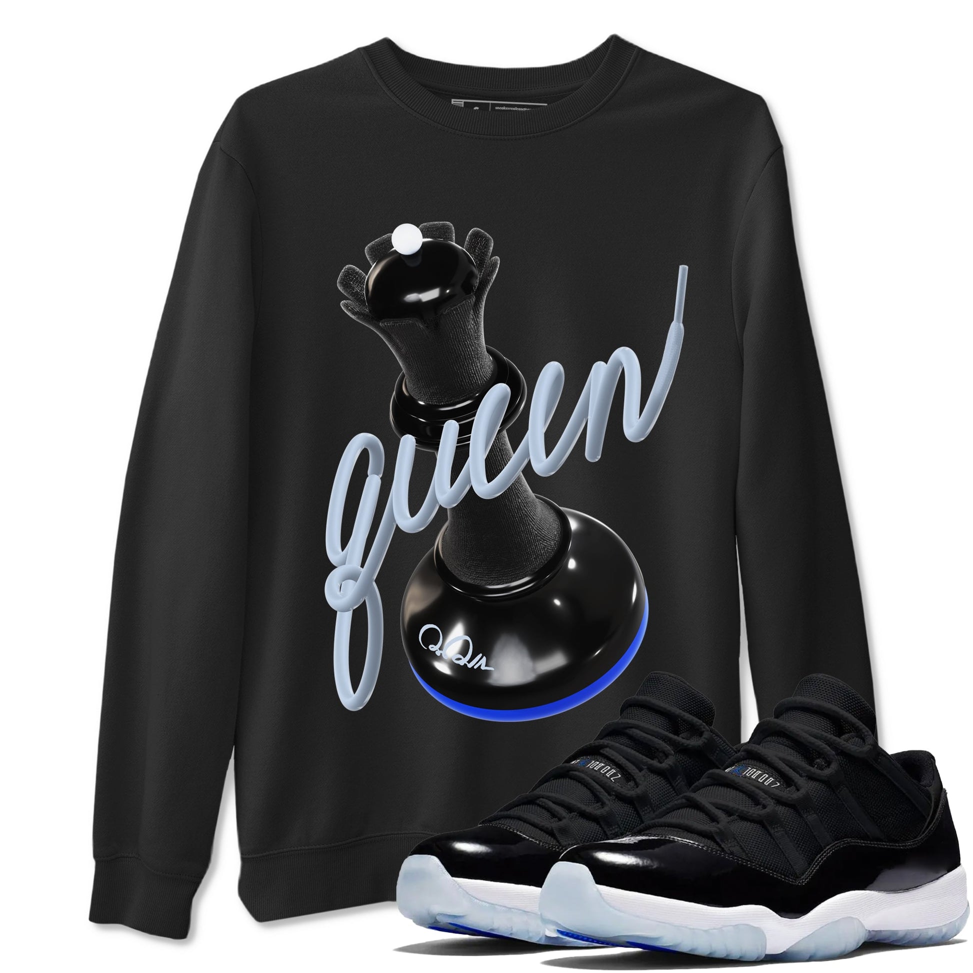 Air Jordan 11 Space shirt to match jordans 3D Queen sneaker tees AJ11 Black and Varsity Royal SNRT Sneaker Release Tees unisex cotton Black 1 crew neck shirt