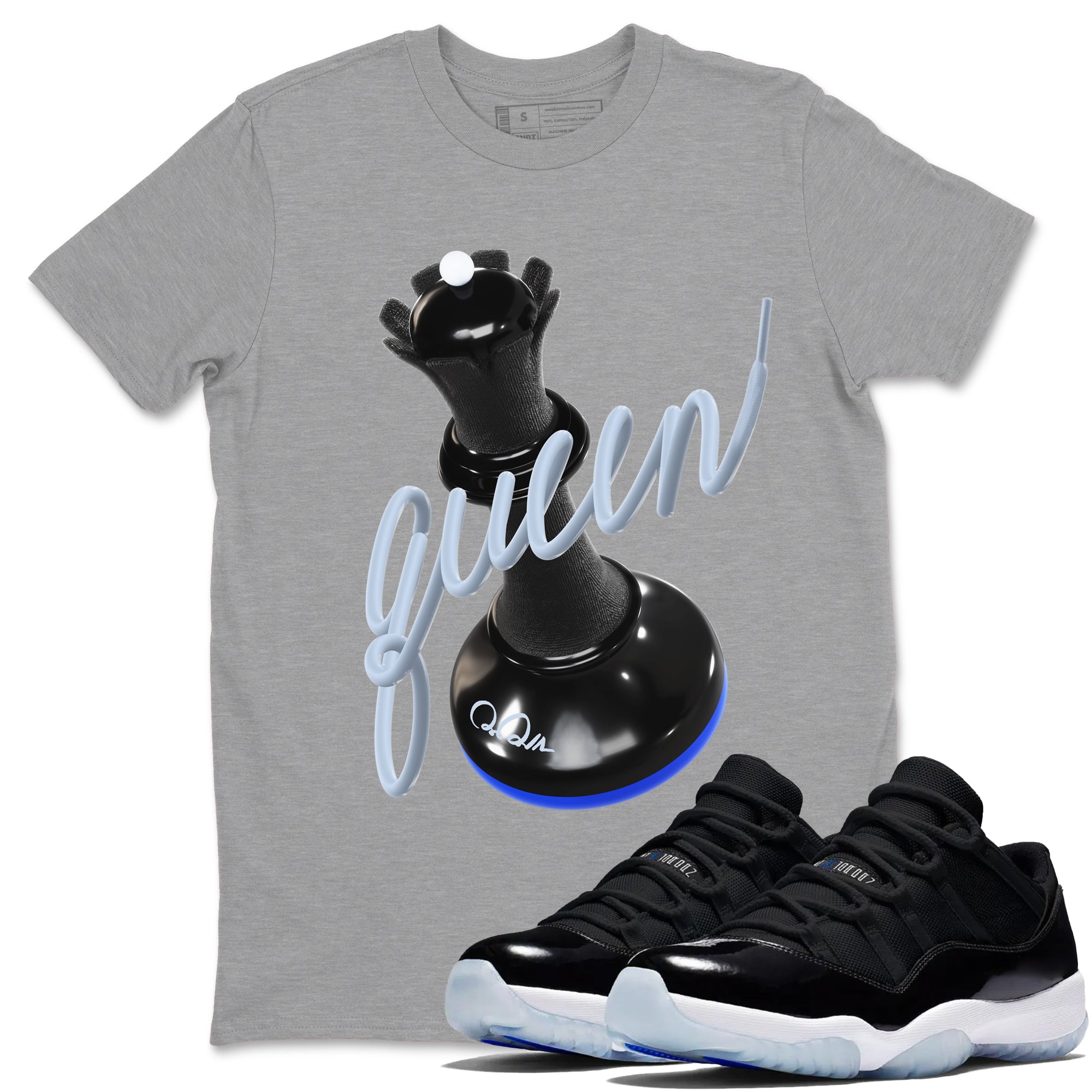 Air Jordan 11 Space shirt to match jordans 3D Queen sneaker tees AJ11 Black and Varsity Royal SNRT Sneaker Release Tees unisex cotton Heather Grey 1 crew neck shirt