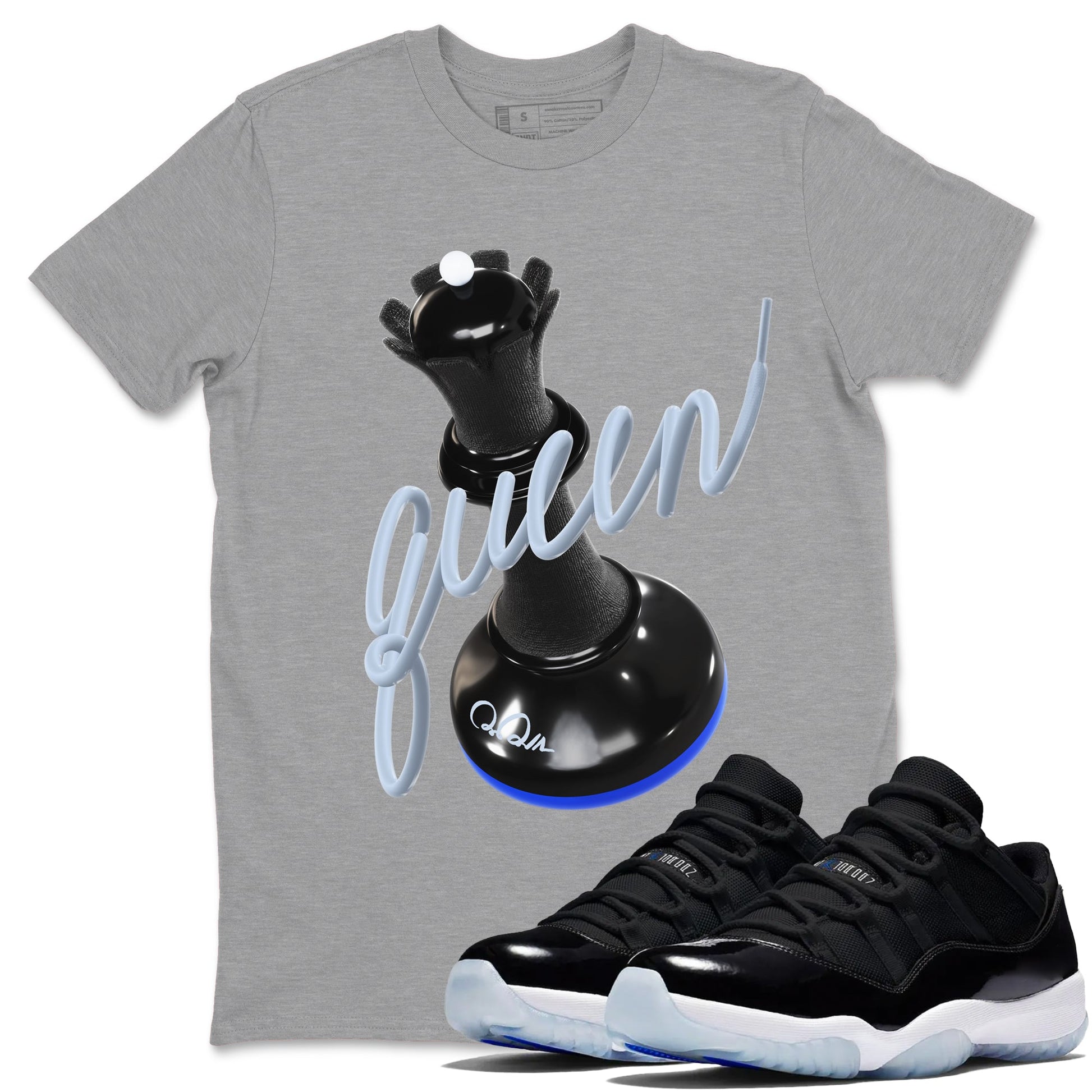 Air Jordan 11 Space shirt to match jordans 3D Queen sneaker tees AJ11 Black and Varsity Royal SNRT Sneaker Release Tees unisex cotton Heather Grey 1 crew neck shirt