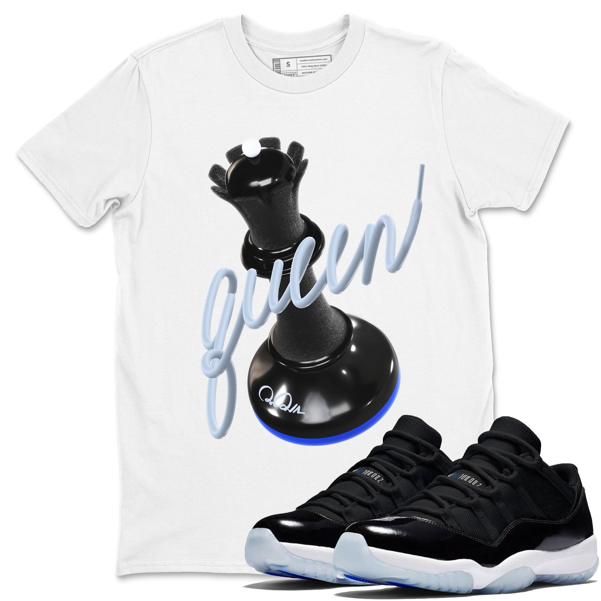 Air Jordan 11 Space shirt to match jordans 3D Queen sneaker tees AJ11 Black and Varsity Royal SNRT Sneaker Release Tees unisex cotton White 1 crew neck shirt