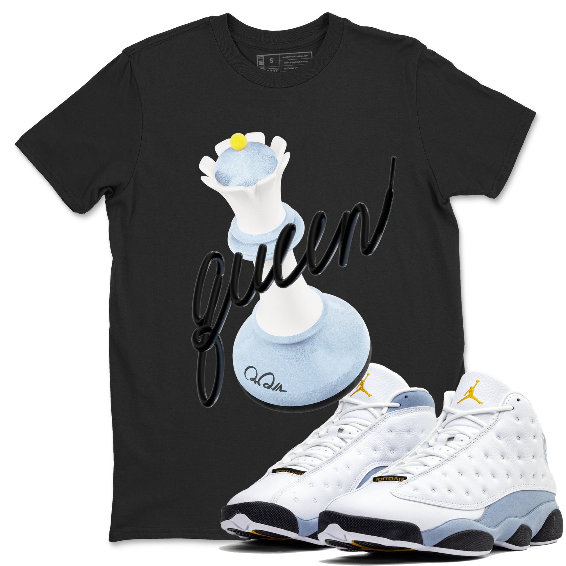 Air Jordan 13 Blue Grey shirt to match jordans 3D Queen sneaker tees AJ13 Blue Grey SNRT Sneaker Release Tees unisex cotton Black 1 crew neck shirt