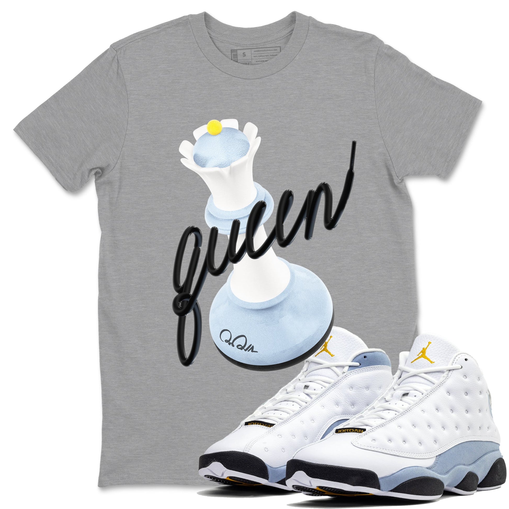 Air Jordan 13 Blue Grey shirt to match jordans 3D Queen sneaker tees AJ13 Blue Grey SNRT Sneaker Release Tees unisex cotton Heather Grey 1 crew neck shirt