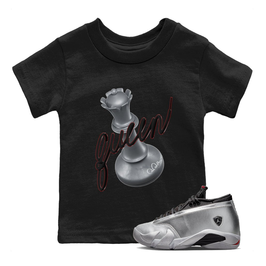 Air Jordan 14 Metallic Silver Sneaker Match Tees 3D Queen Sneaker Tees AJ14 Metallic Silver Sneaker Release Tees Kids Shirts Black 1