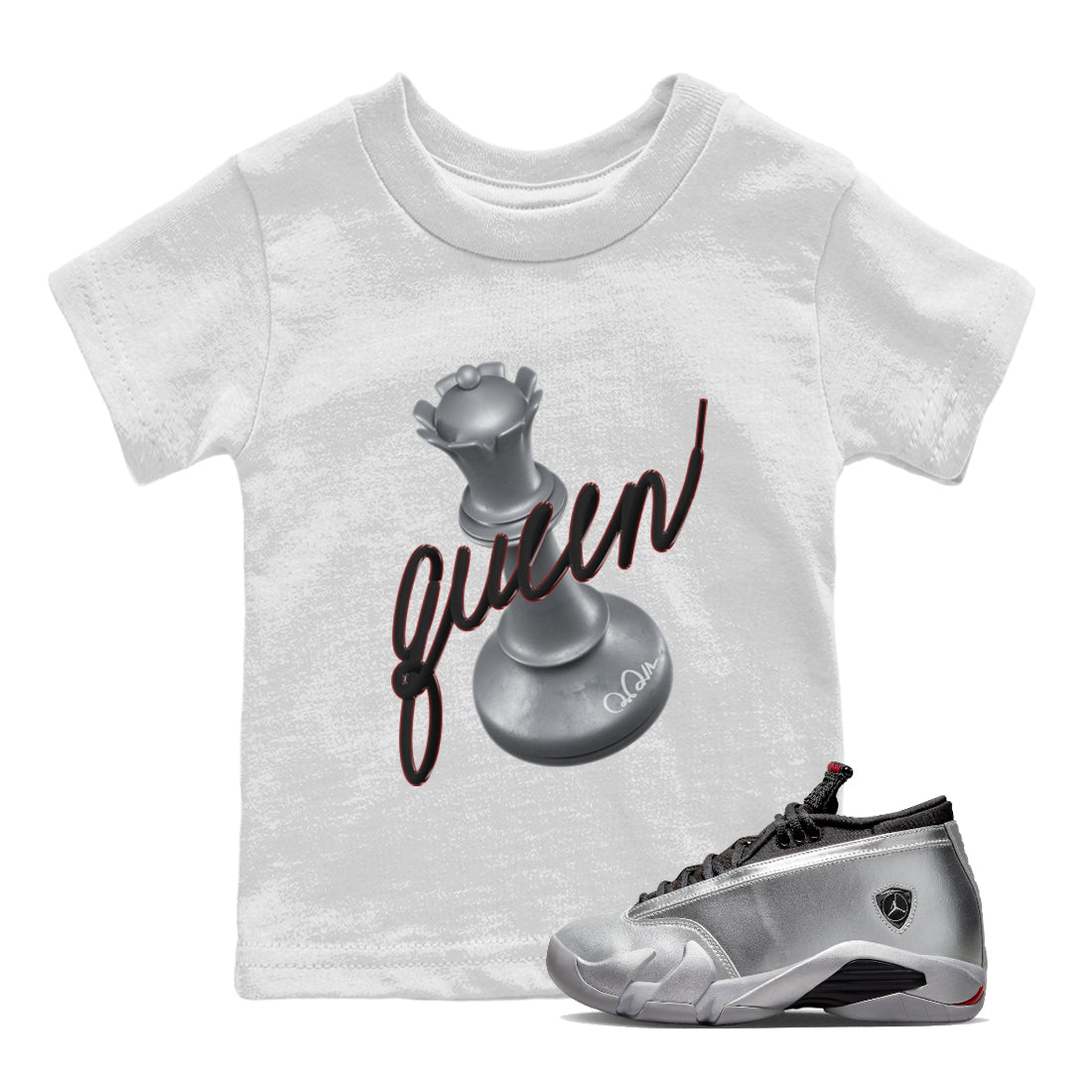 Air Jordan 14 Metallic Silver Sneaker Match Tees 3D Queen Sneaker Tees AJ14 Metallic Silver Sneaker Release Tees Kids Shirts White 1